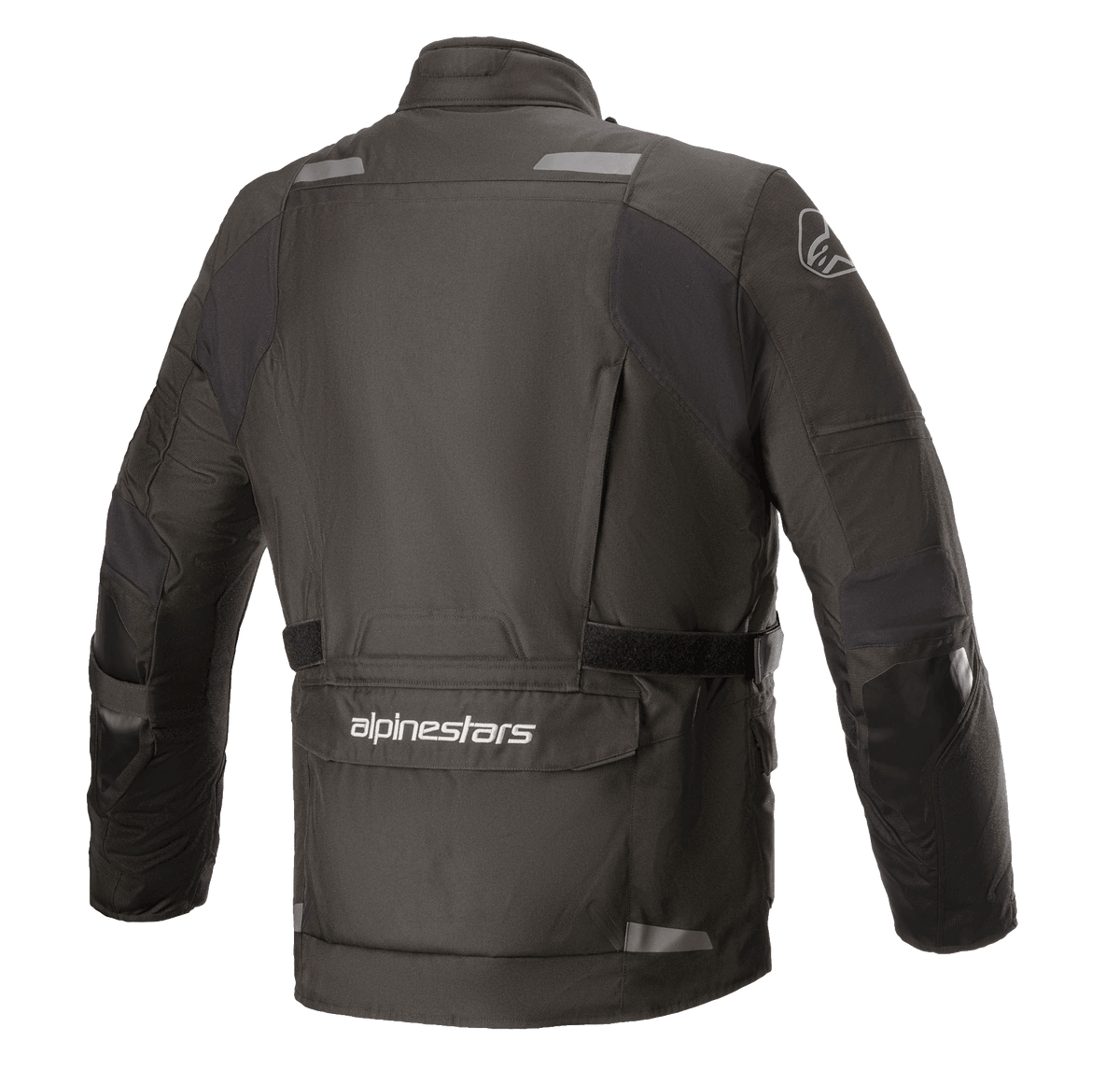 Alpinestars Andes V3 Drystar® Jacke, Motorradjacke, Schwarz, Rückansicht mit großer Mehrzwecktasche unten mit Alpinestars-Branding, reflektierende Akzente an den Schultern und verstellbarer Taillengürtel, strapazierfähiges Textildesign für Adventure-Touren