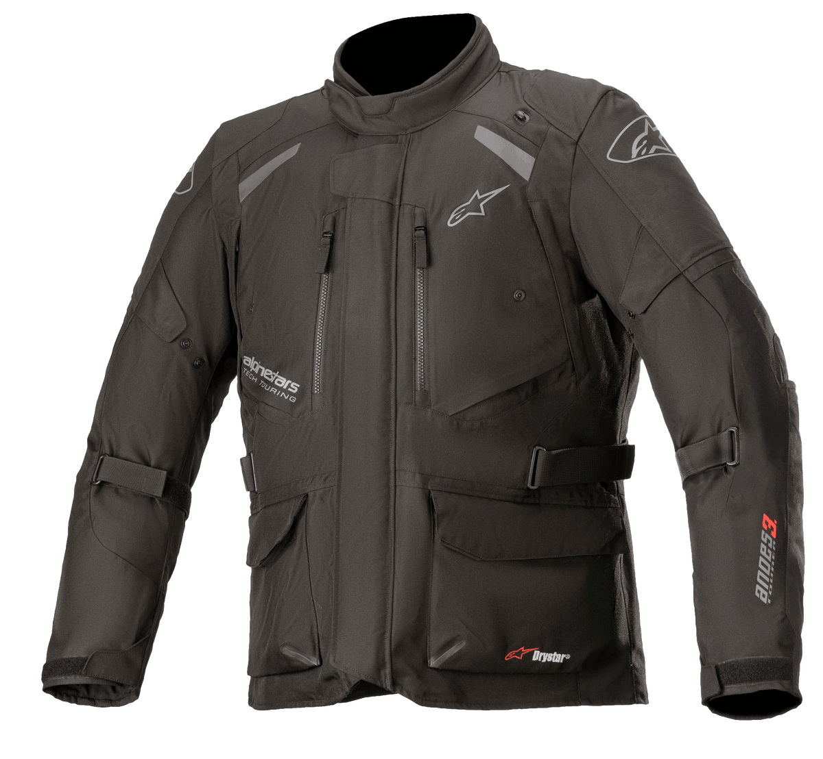 Alpinestars Andes V3 Drystar Jacke, Motorrad-Adventure-Touringjacke, Schwarz mit weißem und rotem Branding, mehrere wasserdichte Cargo-Taschen, verstellbare Riemen für eine individuelle Passform, wetterbeständige Textilkonstruktion, reflektierende Einsätze für Sichtbarkeit