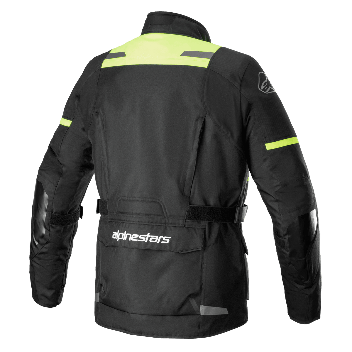 Alpinestars Andes V3 Drystar® Jacke, Rückansicht der Adventure-Motorradjacke in Schwarz und Gelb Fluo, mit einer großen Utility-Tasche am unteren Rücken inklusive Alpinestars-Logo, High-Visibility-Schulterpaneelen und verstellbaren Taillengurten.