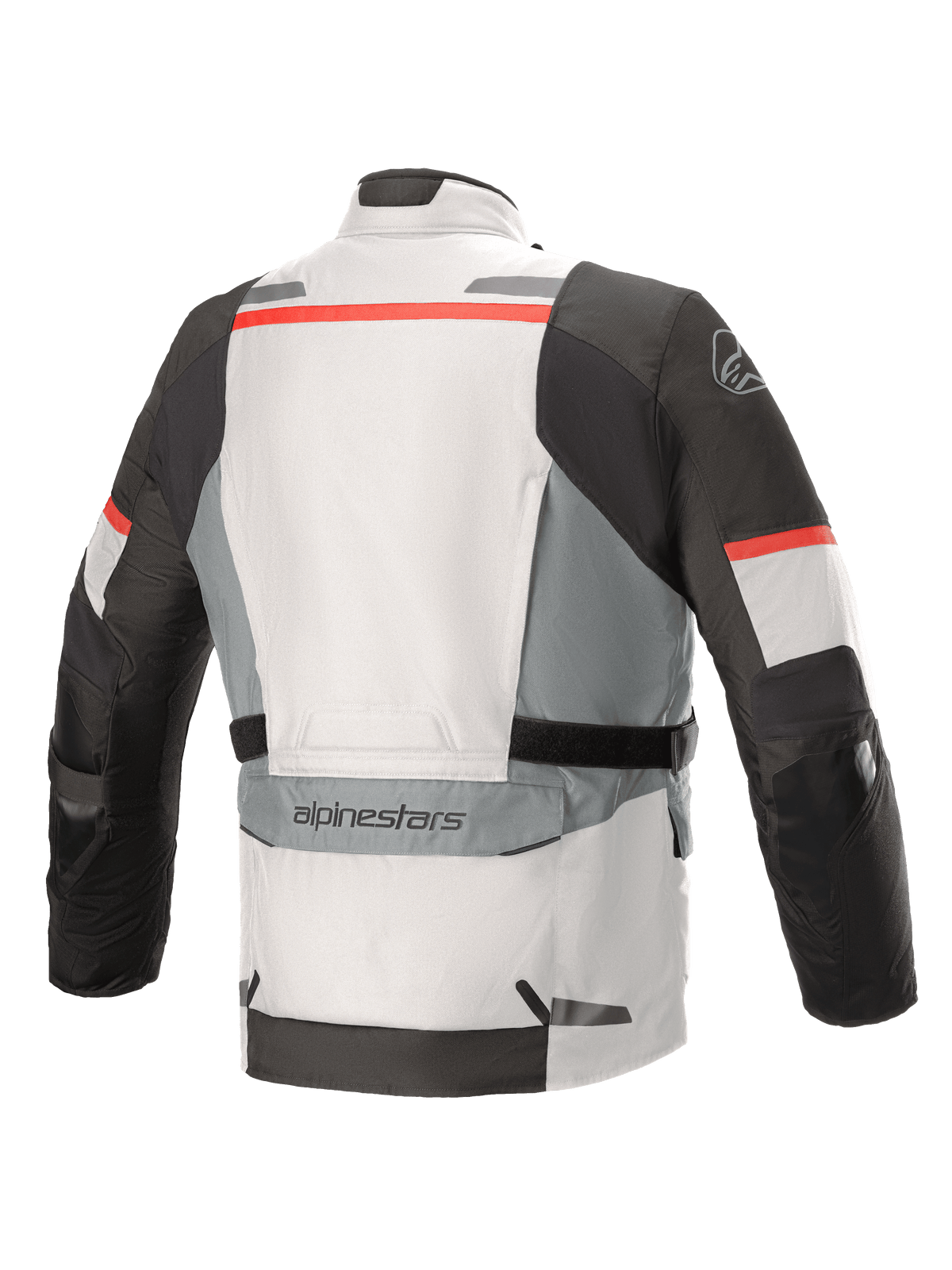 Alpinestars Andes V3 Drystar® Jacke, Ice Gray und Dark Gray mit roten Akzenten, Rückansicht mit großer Mehrzwecktasche am unteren Rücken, verstellbaren Taillengurten und reflektierenden Details an den Schultern und am Saum.