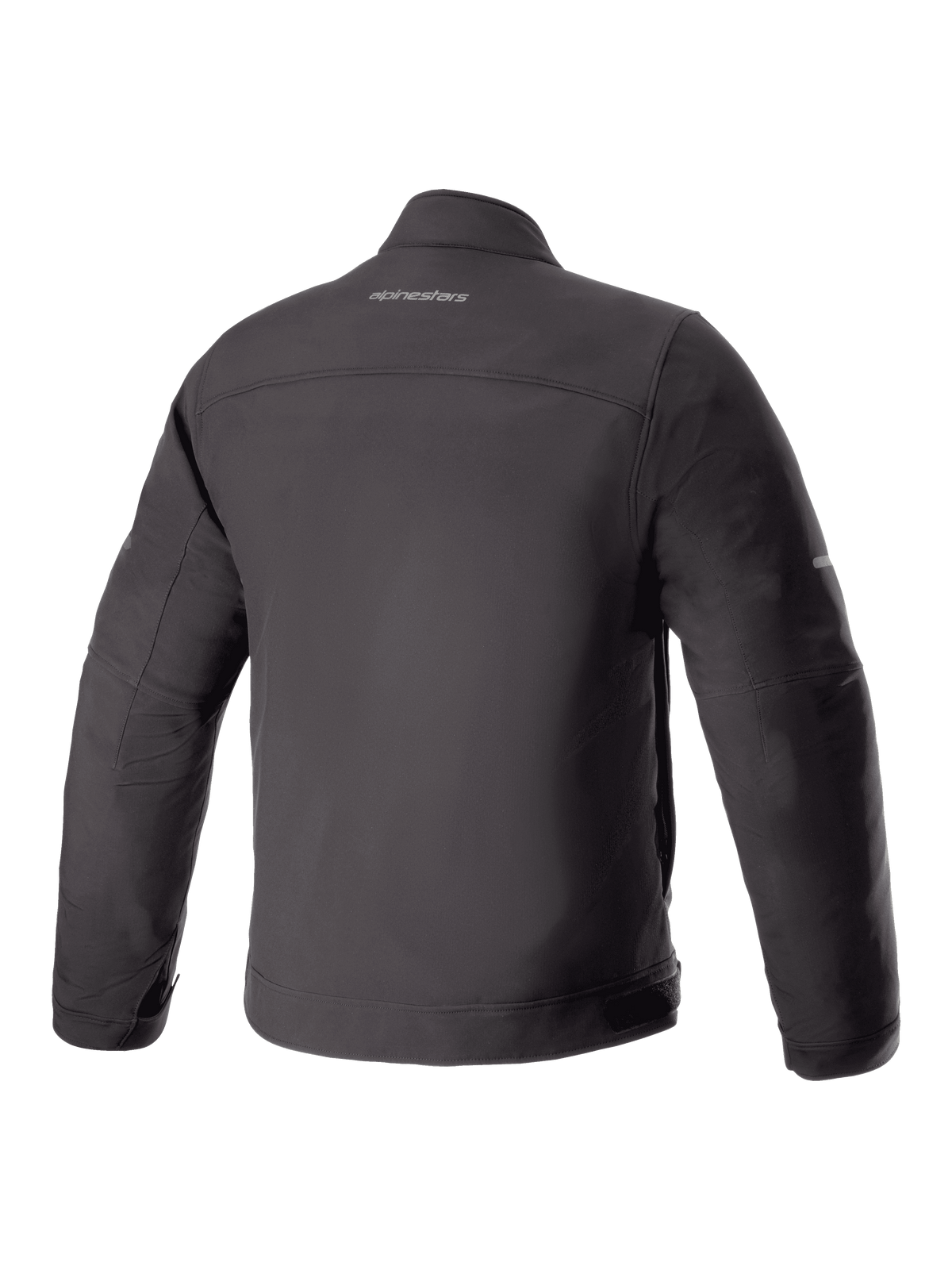 Alpinestars Husker Waterproof Jacke, Motorradjacke, Schwarz, Rückansicht mit mattem Softshell-Material und zentriertem Alpinestars-Wortmarken-Logo auf dem oberen Rücken, urbanes technisches Design.
