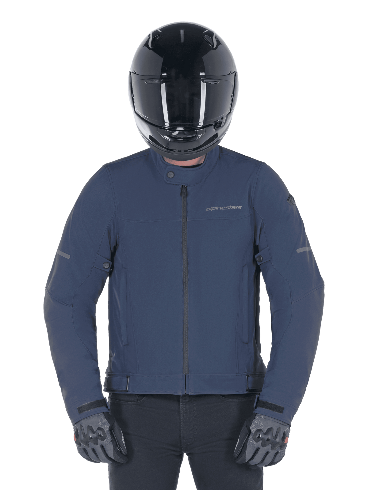 Alpinestars Husker Waterproof Jacket, Night Navy, urban motorcycle jacket worn with a black full-face helmet and grey gloves, featuring a technical softshell exterior and subtle branding