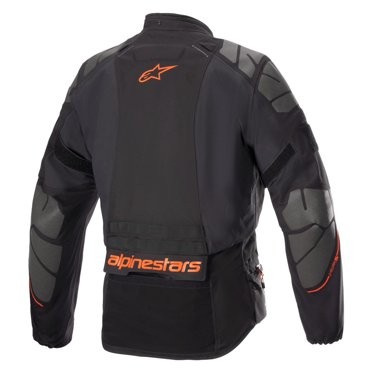 Alpinestars AMT-10R Drystar® XF Jacket, Motorcycle Adventure Jacket, Black with orange Alpinestars logo and grey Superfabric panels on shoulders and elbows, rear view, technical multi-season riding gear