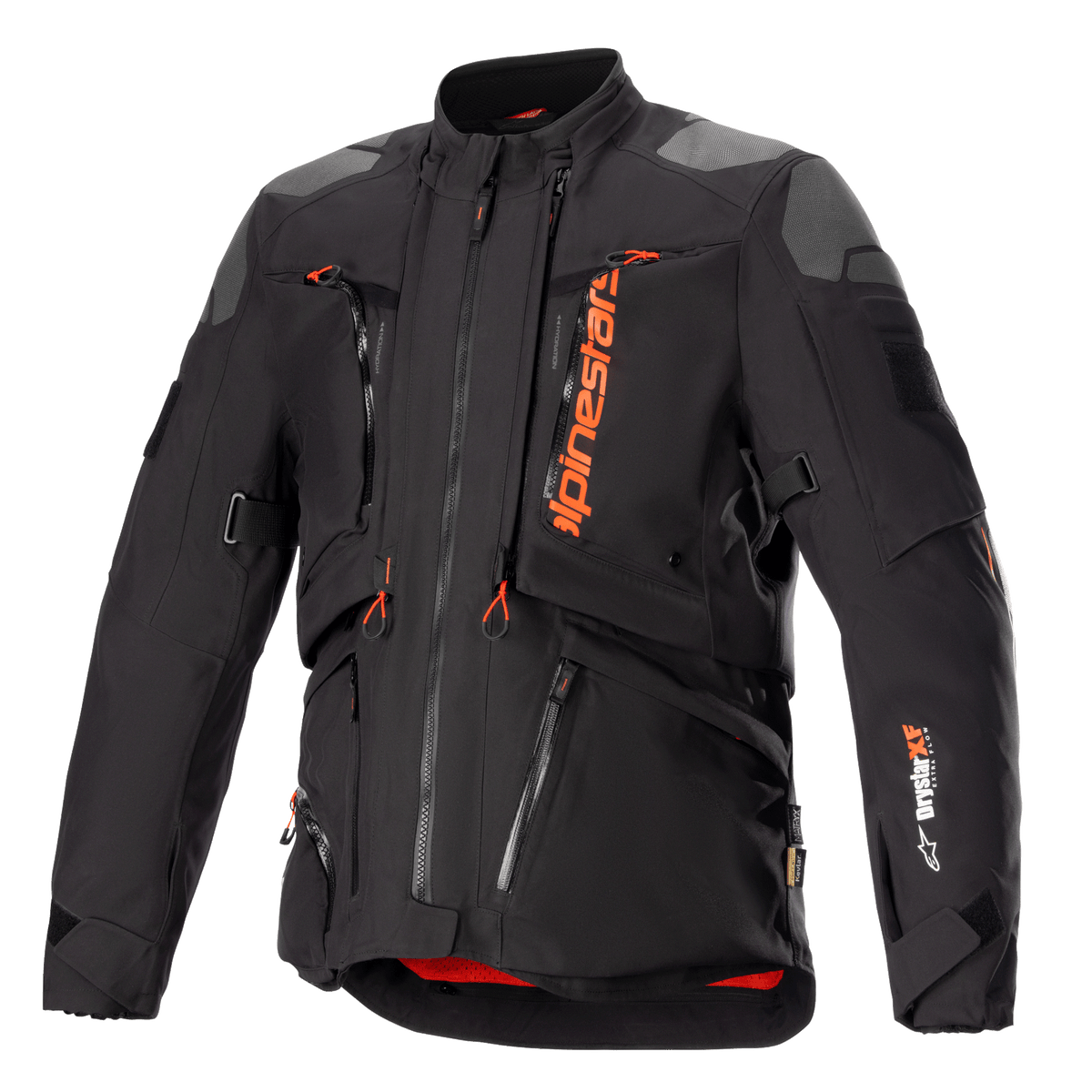 Alpinestars AMT-10R Drystar XF Jacket, Black and Orange, motorcycle adventure touring jacket, grey shoulder patches, multiple zippers with orange pulls, adjustable straps, red interior lining, technical protective gear