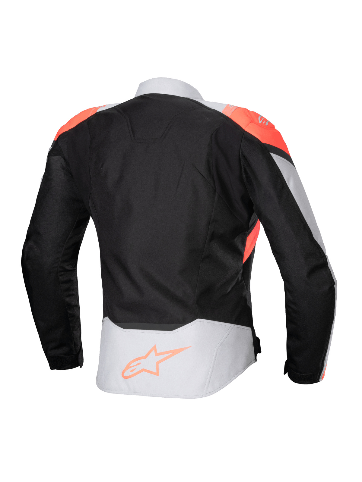Alpinestars Stella T-Jaws V4 Wasserdichte Jacke, Damen-Motorradjacke, Schwarz, Ice Gray und Fluo Coral, Rückansicht mit fluoreszierenden korallenroten Schulterakzenten und Alpinestars-Logo am unteren Rücken, technische Textilkonstruktion für Allwetterfahrten.