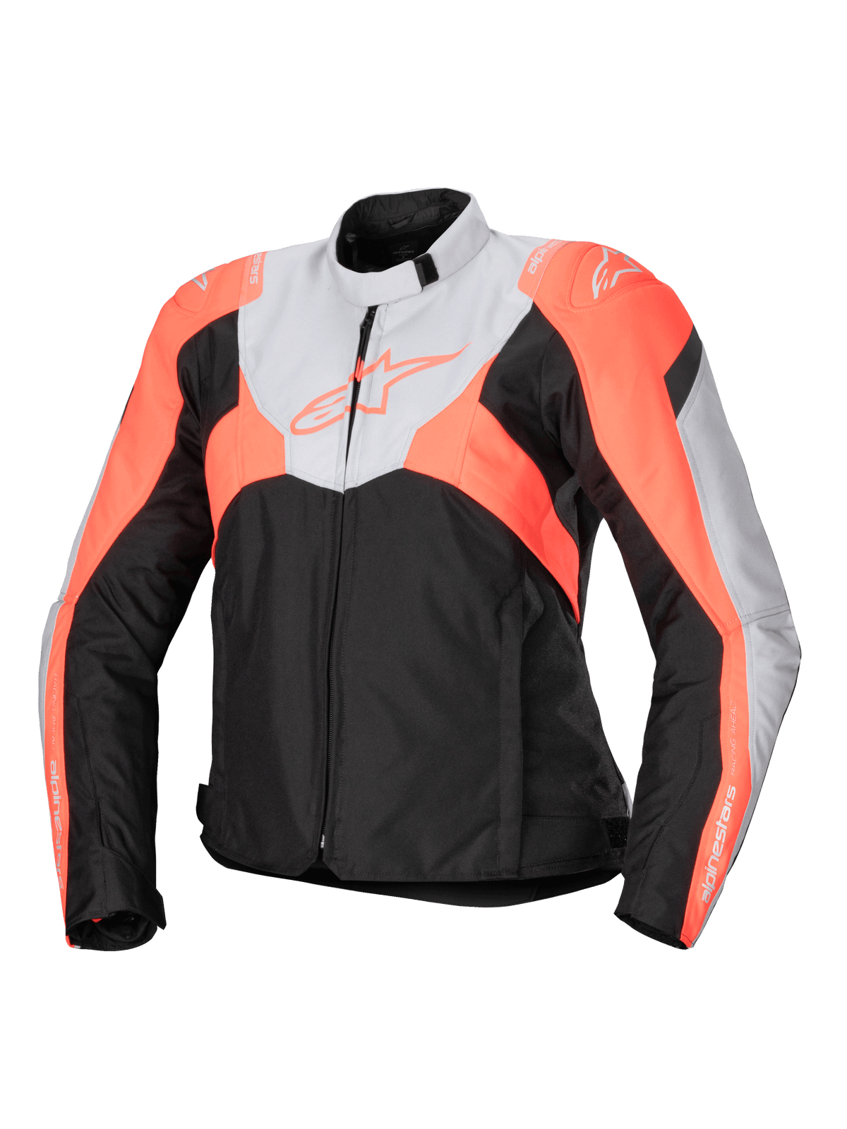 Alpinestars Stella T-Jaws V4 Wasserdichte Jacke, sportliche Textil-Motorradjacke für Damen, Schwarz, Eisgrau und Fluo-Koralle, mit hohem Kragen, Frontreißverschluss, eckigen Farbblöcken und Branding auf Brust und Ärmeln