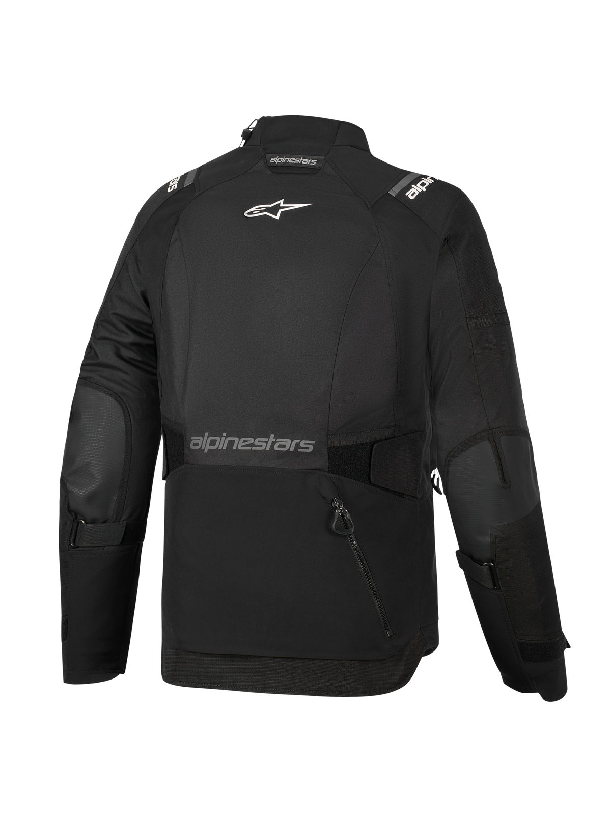 Alpinestars Stella Andes V4 Drystar® Damenjacke, Schwarz, Rückansicht, mit großer Rückentasche, weißem Alpinestars-Logo am oberen Rücken und Markenschriftzug am unteren Rücken, verstellbare Taillen- und Armriemen, strapazierfähige Textil-Adventure-Tourenjacke