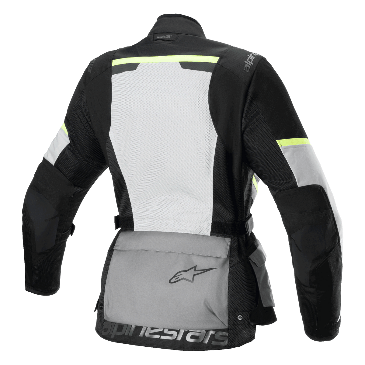 Alpinestars Stella Andes Air Drystar® Jacket, Women's Motorcycle Touring Jacket, Rear view, Ice Gray Dark Gray and Black, featuring a large white mesh back panel, grey rear storage pouch with logo, yellow hi-viz accents, and textile construction for airflow and protection.