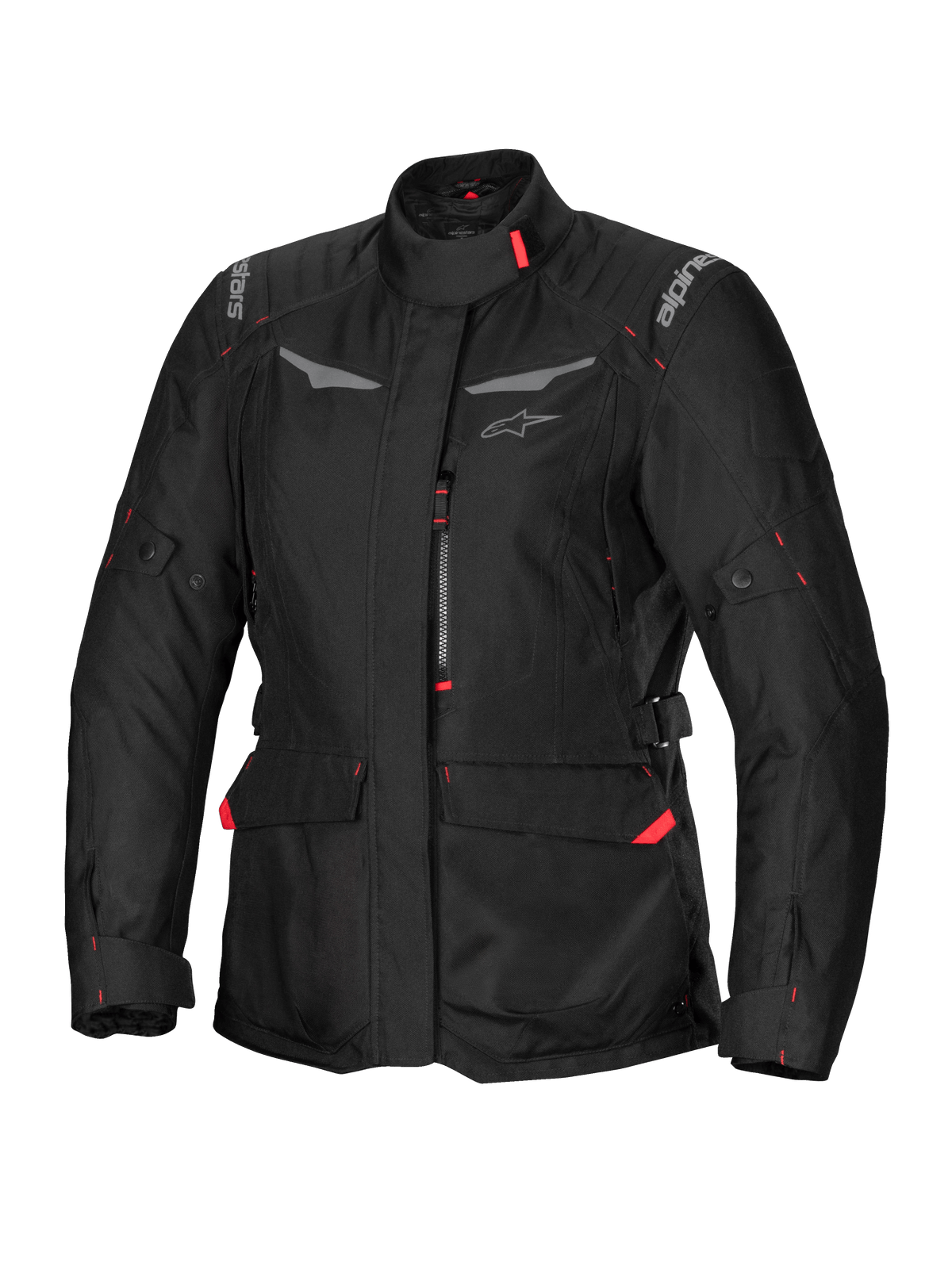 Alpinestars Stella ST-1 Wasserdichte Jacke, Damen-Motorrad-Tourenjacke, Schwarz mit roten Akzenten, hoher Kragen, Frontreißverschluss, große Cargo-Taschen an der Taille, verstellbare Taillen- und Ärmelbündchen, wetterfeste Konstruktion