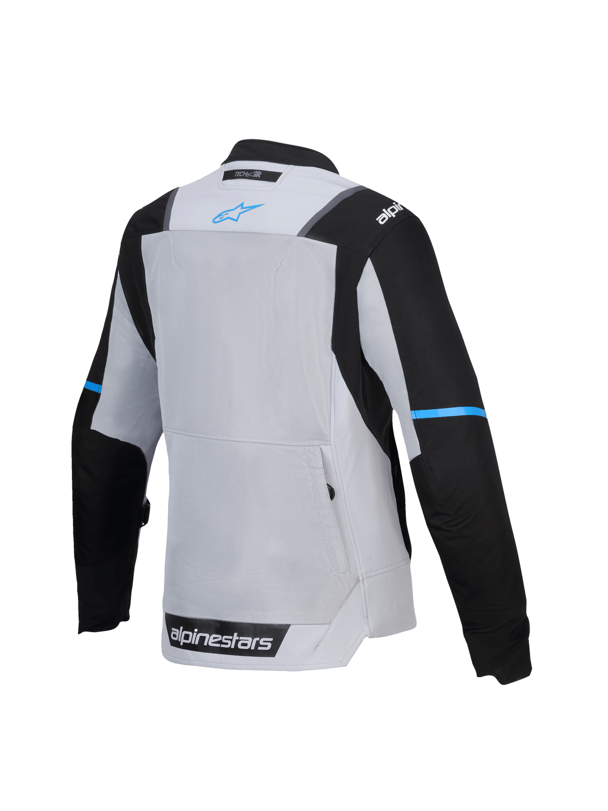 Alpinestars Stella ST-2 Air Jacket, women's textile motorcycle touring jacket, rear view showcasing mesh ventilation panel and back pocket, Ice Gray and Black with blue branding, CE certified level AA, Tech-Air ready