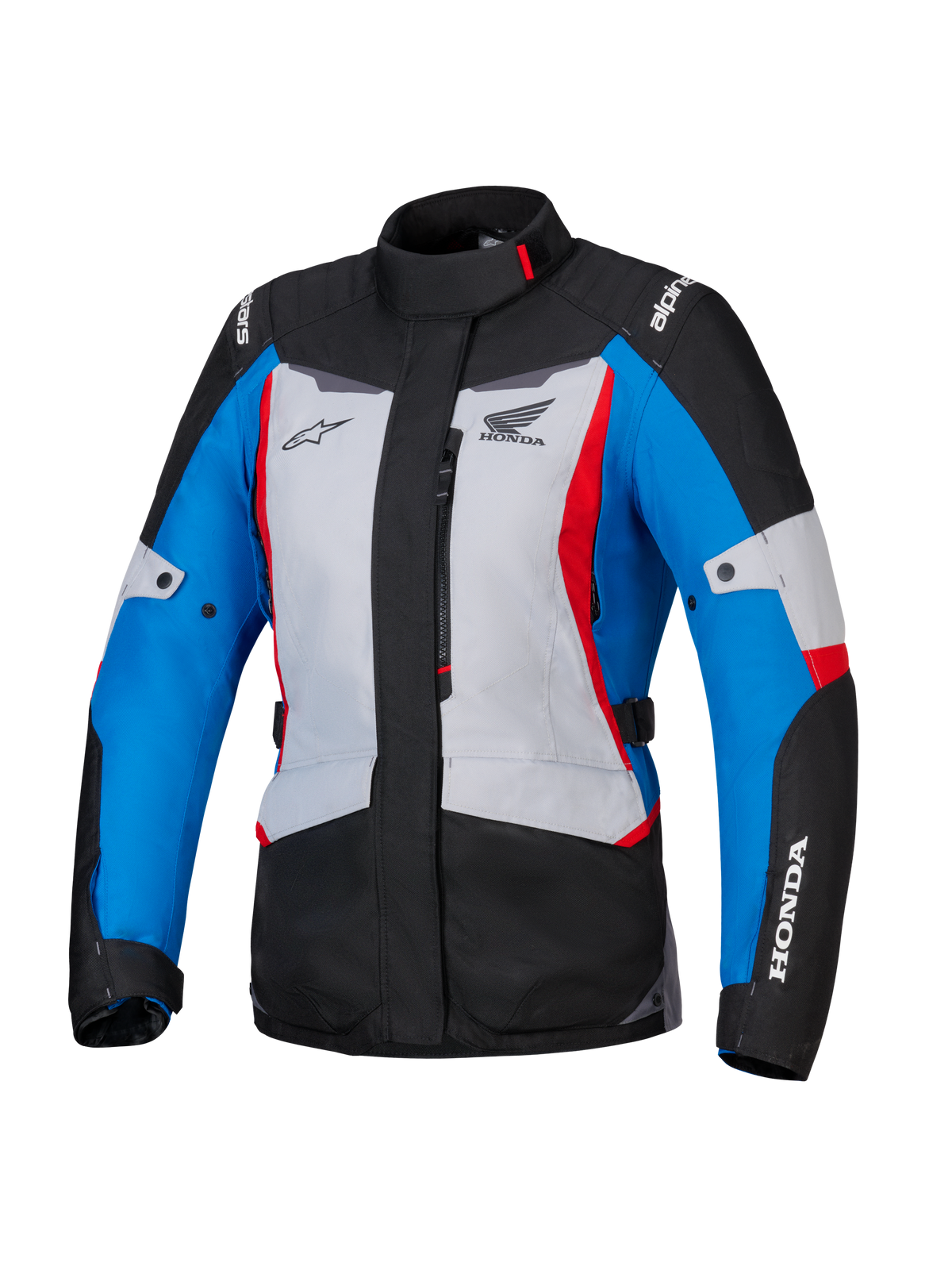 Alpinestars Honda Woman Stella ST-1 WP Jacket, Women's Waterproof Motorcycle Jacket, Ice Gray Blue and Black with Red accents, high collar and front zipper, Honda and Alpinestars logos on chest and sleeves, durable adventure touring textile jacket