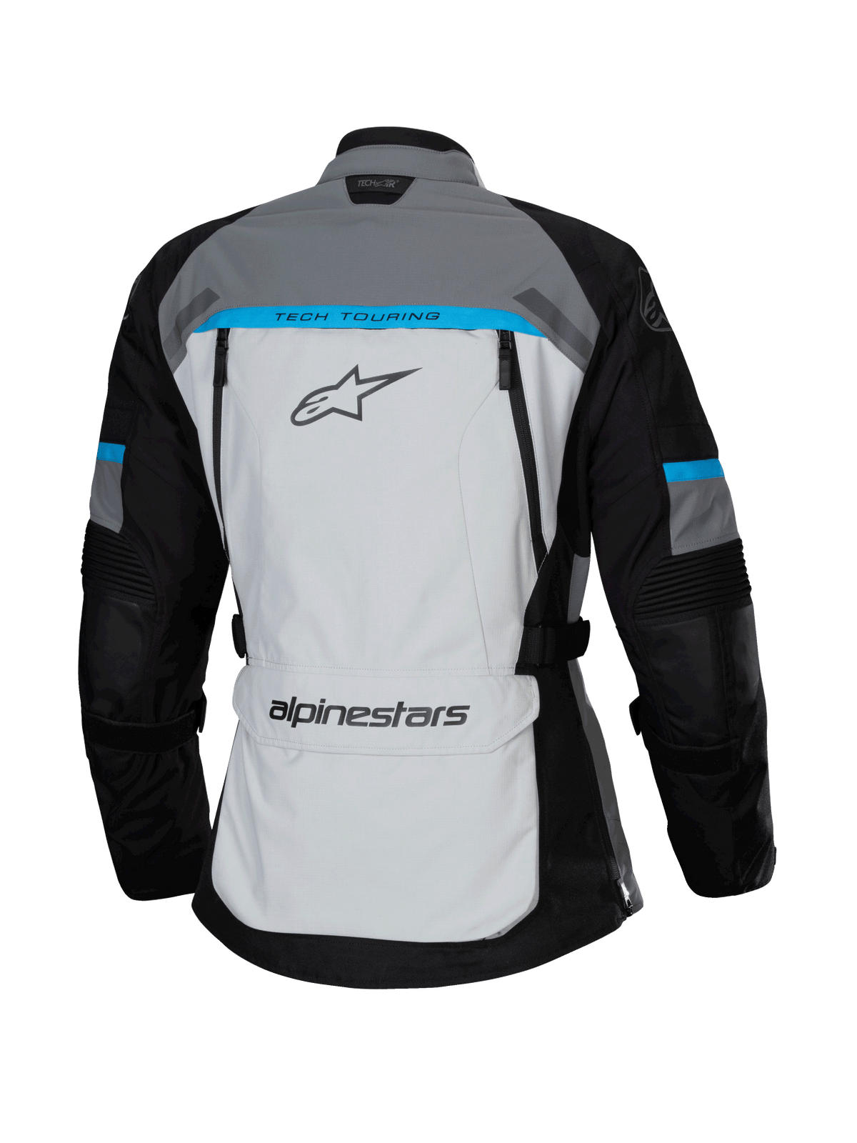 Alpinestars Stella Bogotá Pro Drystar® Jacke, Ice Gray, Schwarz und Cyan, Rückansicht mit einem großen hellgrauen Panel mit „TECH TOURING“-Branding, schwarzen Ärmeln mit cyanfarbenen Akzenten und Staufach am unteren Rücken.