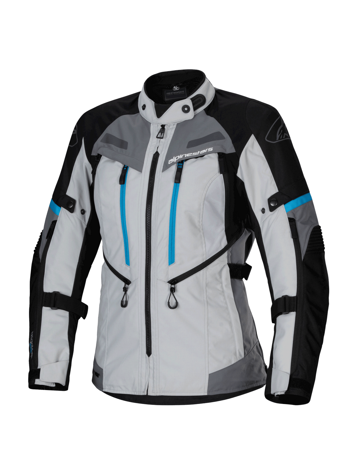 Alpinestars Stella Bogota' Pro Drystar® Jacke, Damen-Abenteuer-Tourenjacke, Eisgrau, Schwarz und Cyan, wasserdichte Drystar®-Membran, zwei vertikale blaue Brustreißverschlüsse, verstellbare Arm- und Taillenriemen, verstärkte Schutzpaneele
