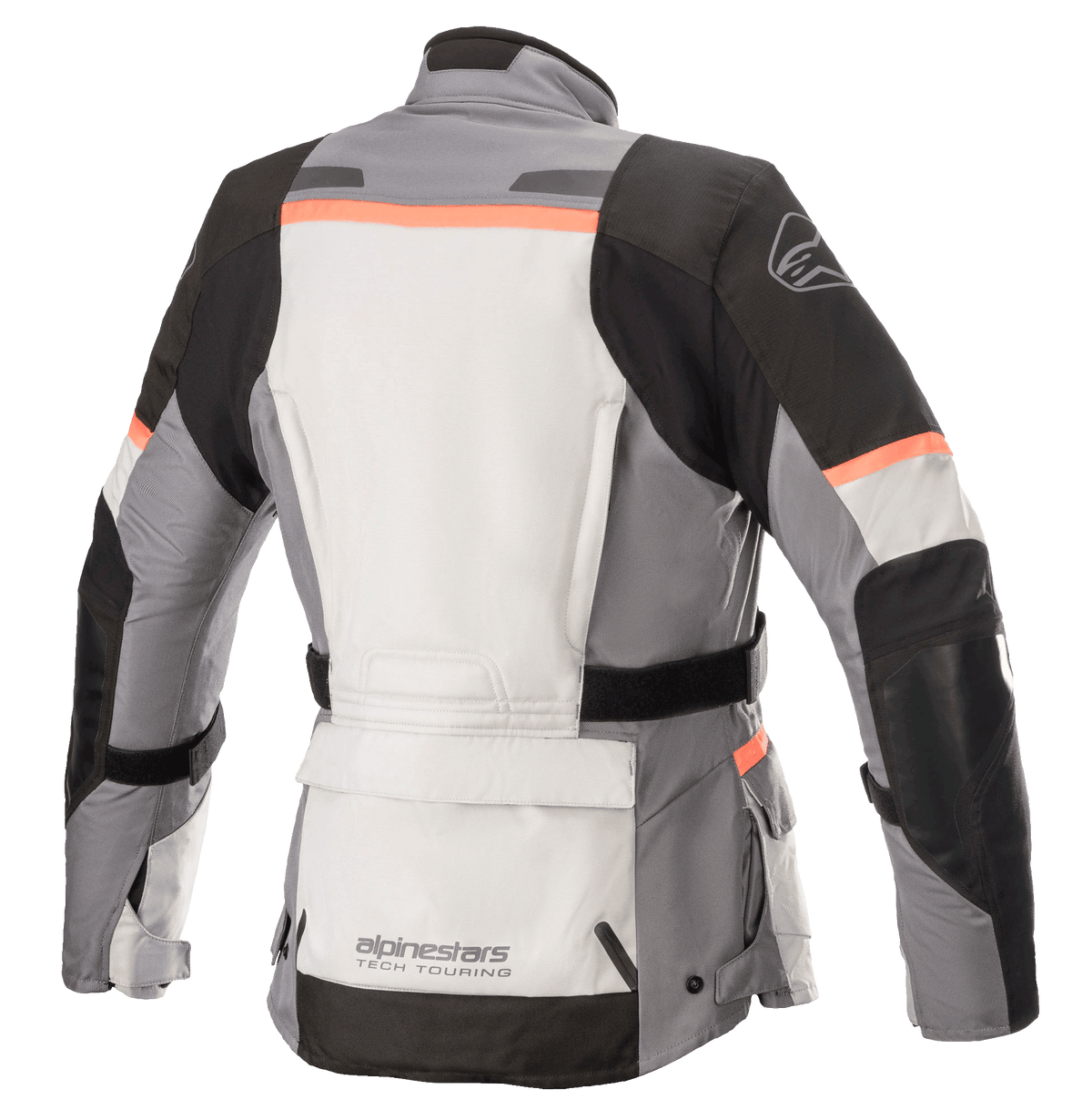 Alpinestars Damen Stella Andes V3 Drystar® Jacke, Motorradjacke, Eisgrau, Dunkelgrau, Schwarz und Koralle, Rückansicht mit einer großen Funktionstasche am unteren Rücken, verstellbarem Taillengürtel und korallfarbenen Akzenten an Schultern und Rücken.