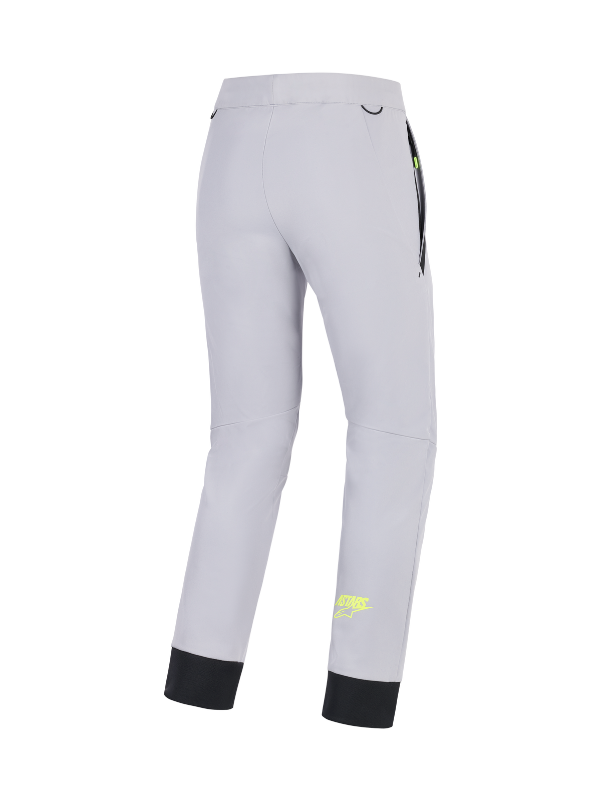 Alpinestars Aeroshell Hose, Motorrad-Softshellhose für Herren, Mittelgrau mit gelben Fluo-Akzenten, Rückansicht mit Stretch-Konstruktion, elastischem unterem Saum und Taschendetails