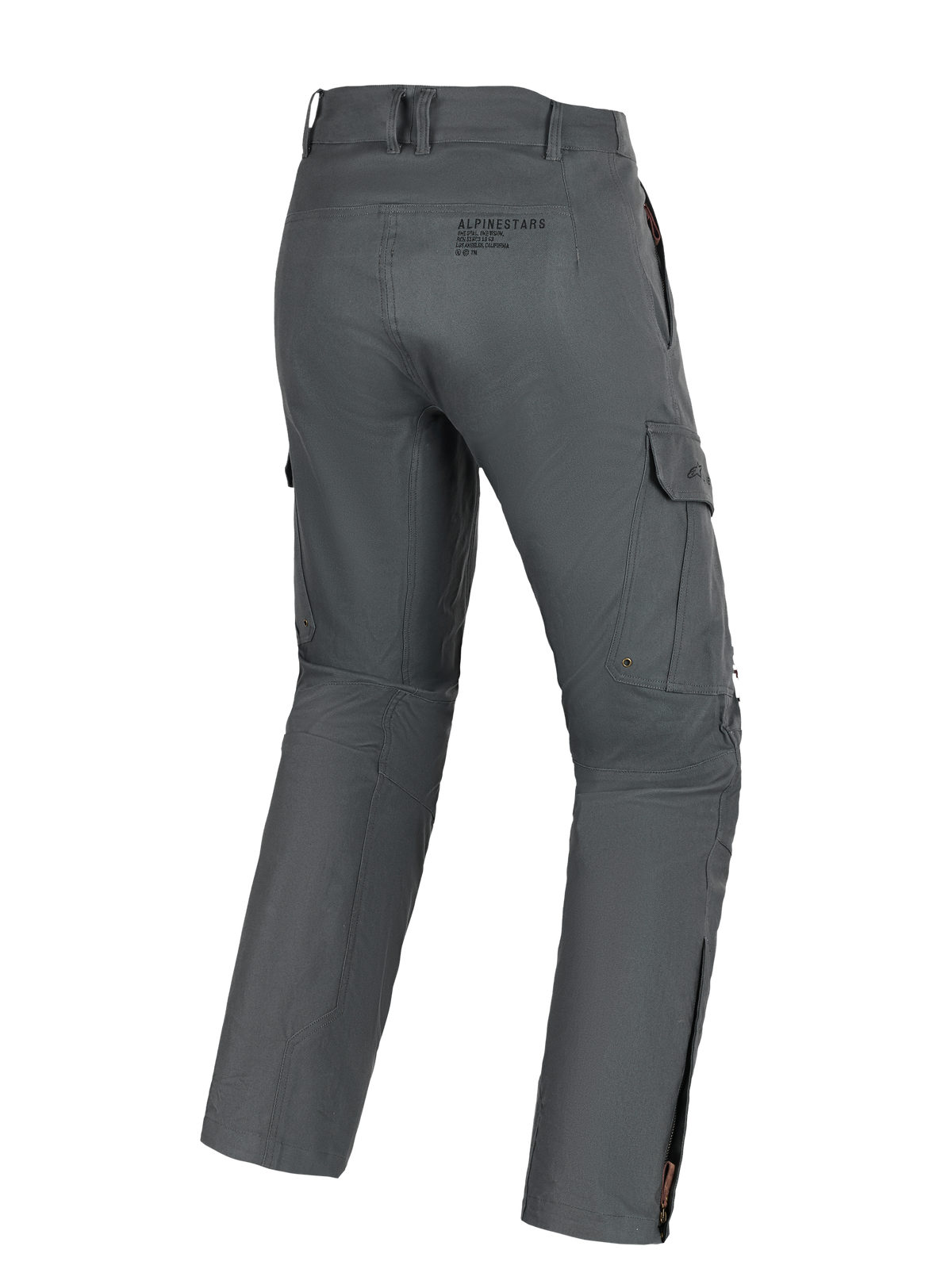 Alpinestars Borrego Drystar® Hose, Adventure-Motorradhose, Grau Anthrazit, Rückansicht mit Cargotaschen, rückseitigem Branding und Wadenreißverschlüssen, strapazierfähiges Textilmaterial in gewachster Canvas-Optik