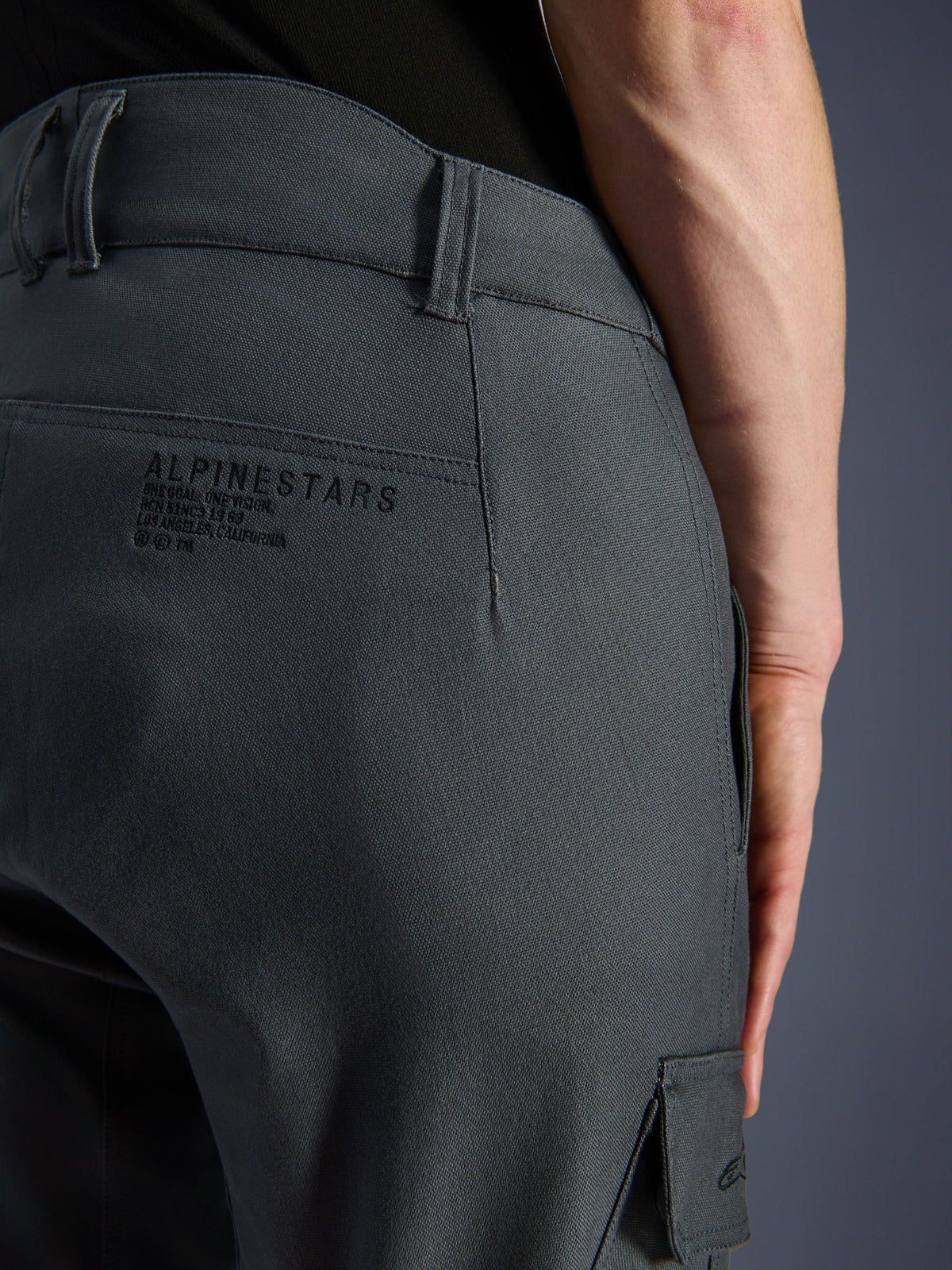 Alpinestars Borrego Drystar® Hose, Motorradhose, Anthrazitgrau, Nahaufnahme des hinteren Hüftbereichs mit Alpinestars-Branding und Slogan, strapazierfähiges Textilgewebe in gewachster Canvas-Optik, Adventure-Fahrerausrüstung