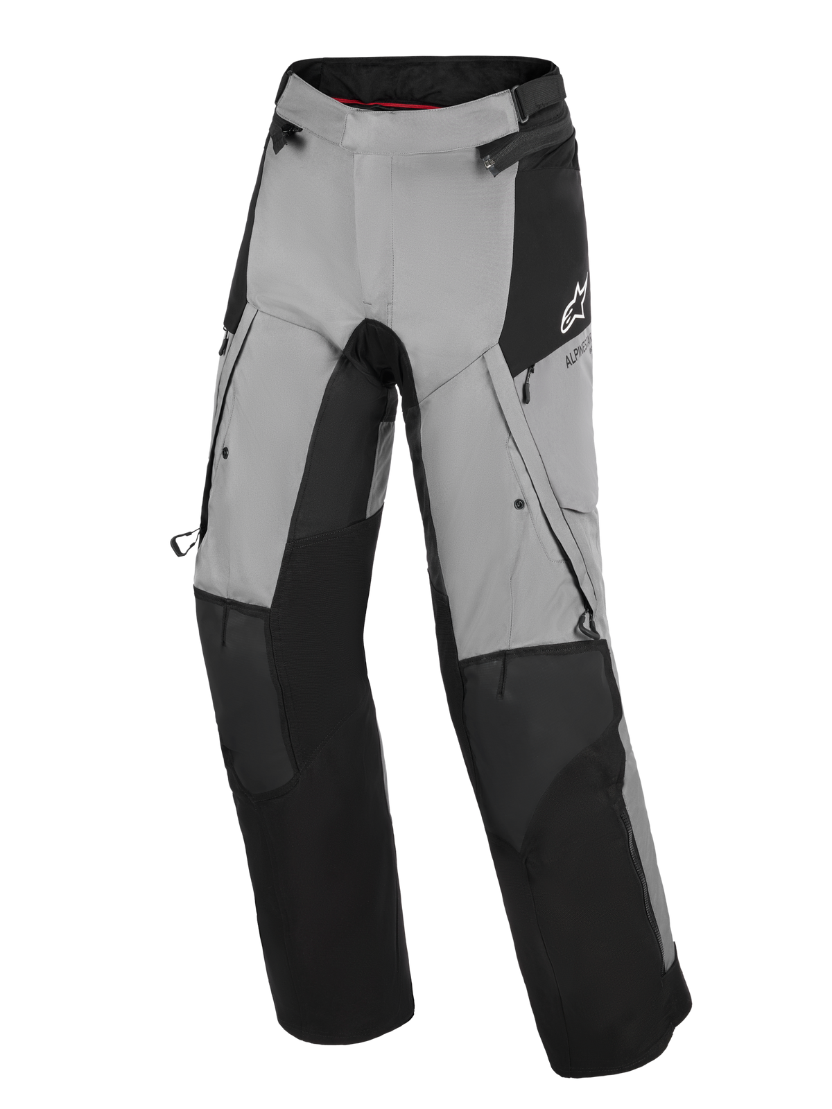 Alpinestars Andes V4 Drystar® Pants, Adventure Motorcycle Pants, Black and Dark Gray, featuring reinforced black knee and shin panels, zippered thigh vents, and cargo pockets, with a white Alpinestars logo on the hip, designed for all-weather road and adventure riding.