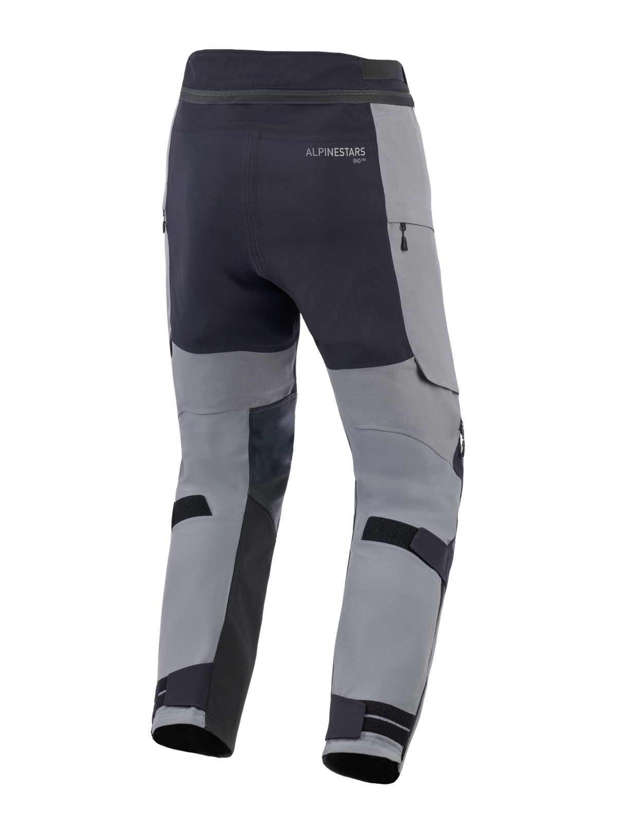 Alpinestars Andes Pro Drystar® XF Pants, Adventure Motorcycle Pants, Dark Gray and Black, rear view featuring adjustable calf straps, Alpinestars branding, and waterproof zippered details