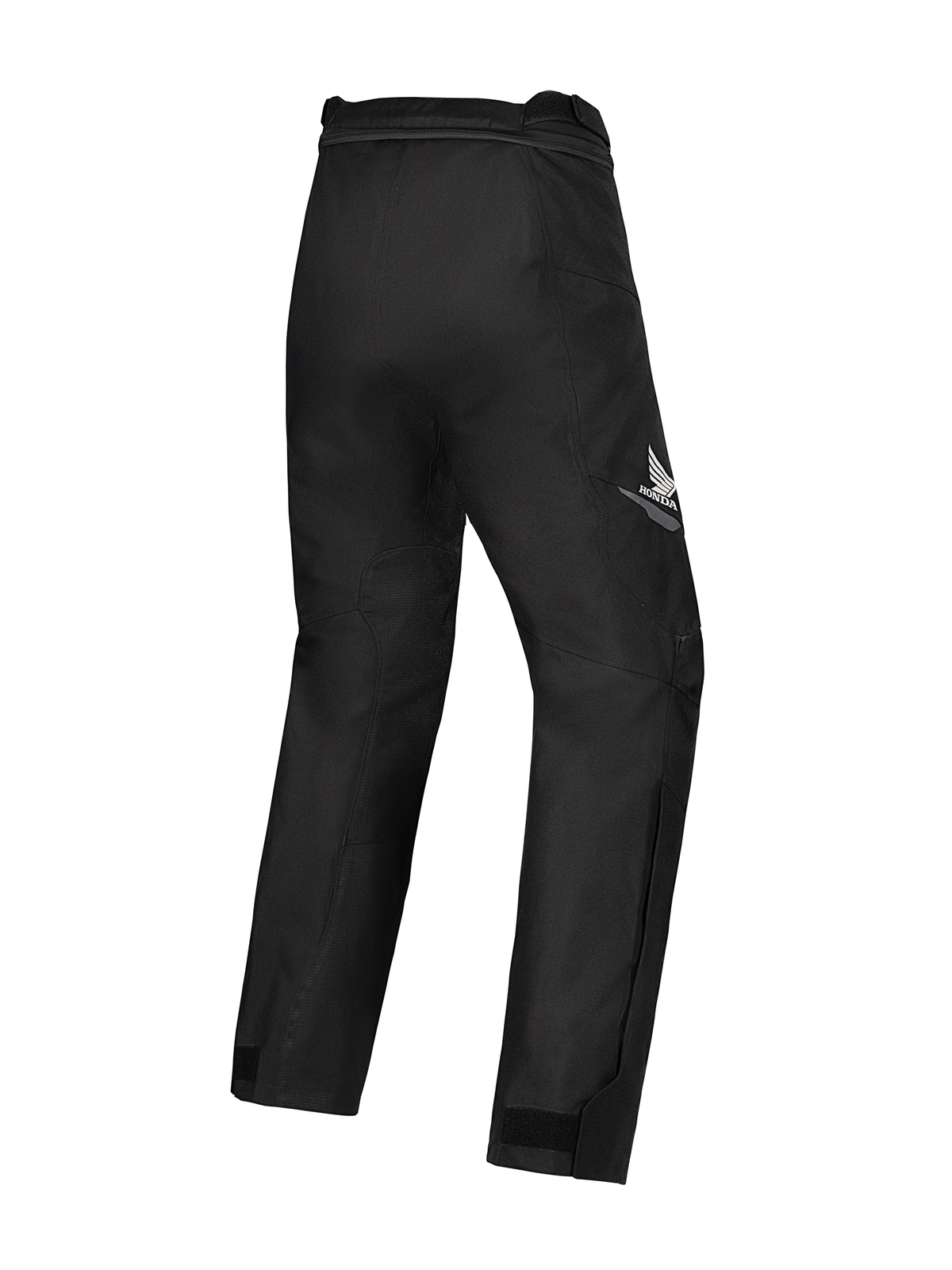 Alpinestars Honda Stella ST-1 WP Damen-Hose, schwarze Motorradhose, Dreiviertel-Rückansicht mit weißem Honda-Flügel-Logo am rechten Oberschenkel, strapazierfähige Textilkonstruktion mit vorgeformter Kniepartie und verstellbaren Knöchelabschlüssen, entwickelt für Touring- und Adventure-Fahrten