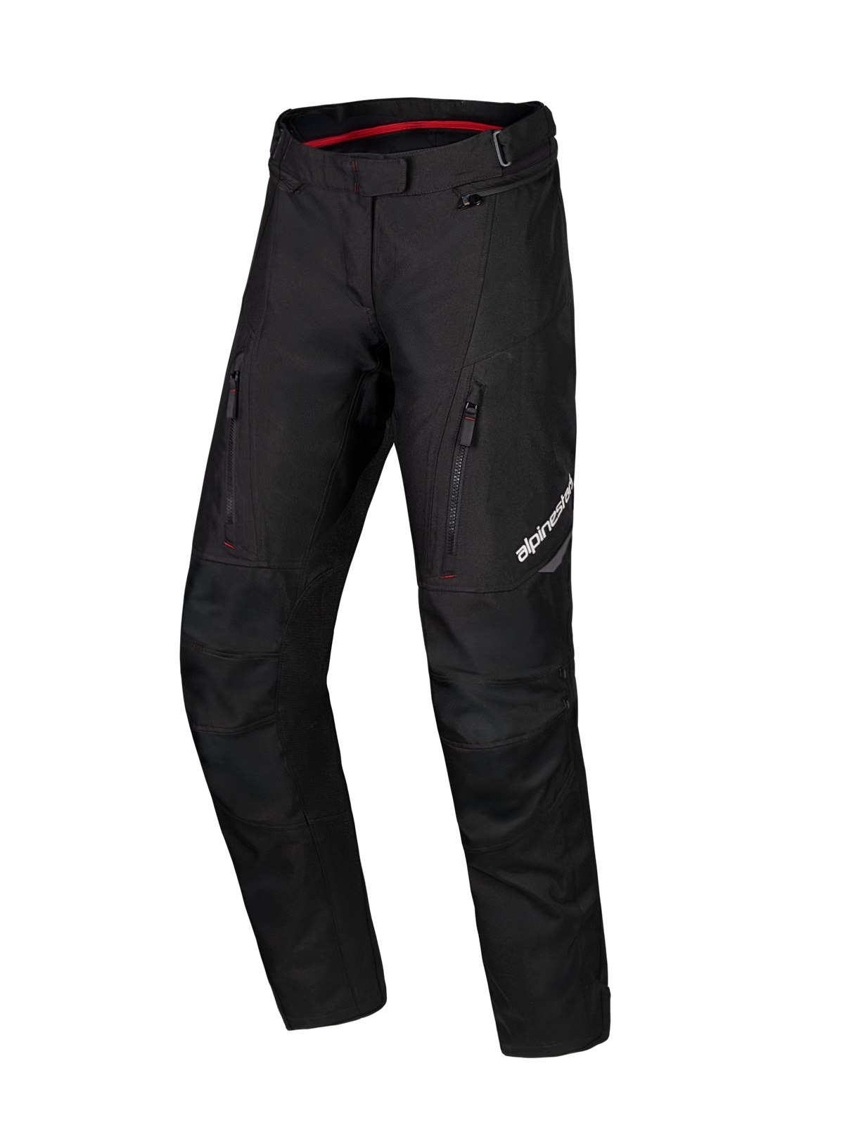 Alpinestars Honda Stella ST-1 Wasserdichte Hose, schwarze Damen-Motorrad-Tourenhose, rote Innenfütterung am Bund, zwei vertikale Reißverschlusstaschen an den Oberschenkeln, Alpinestars-Logo am Bein, strapazierfähige Textil-Adventure-Ausrüstung