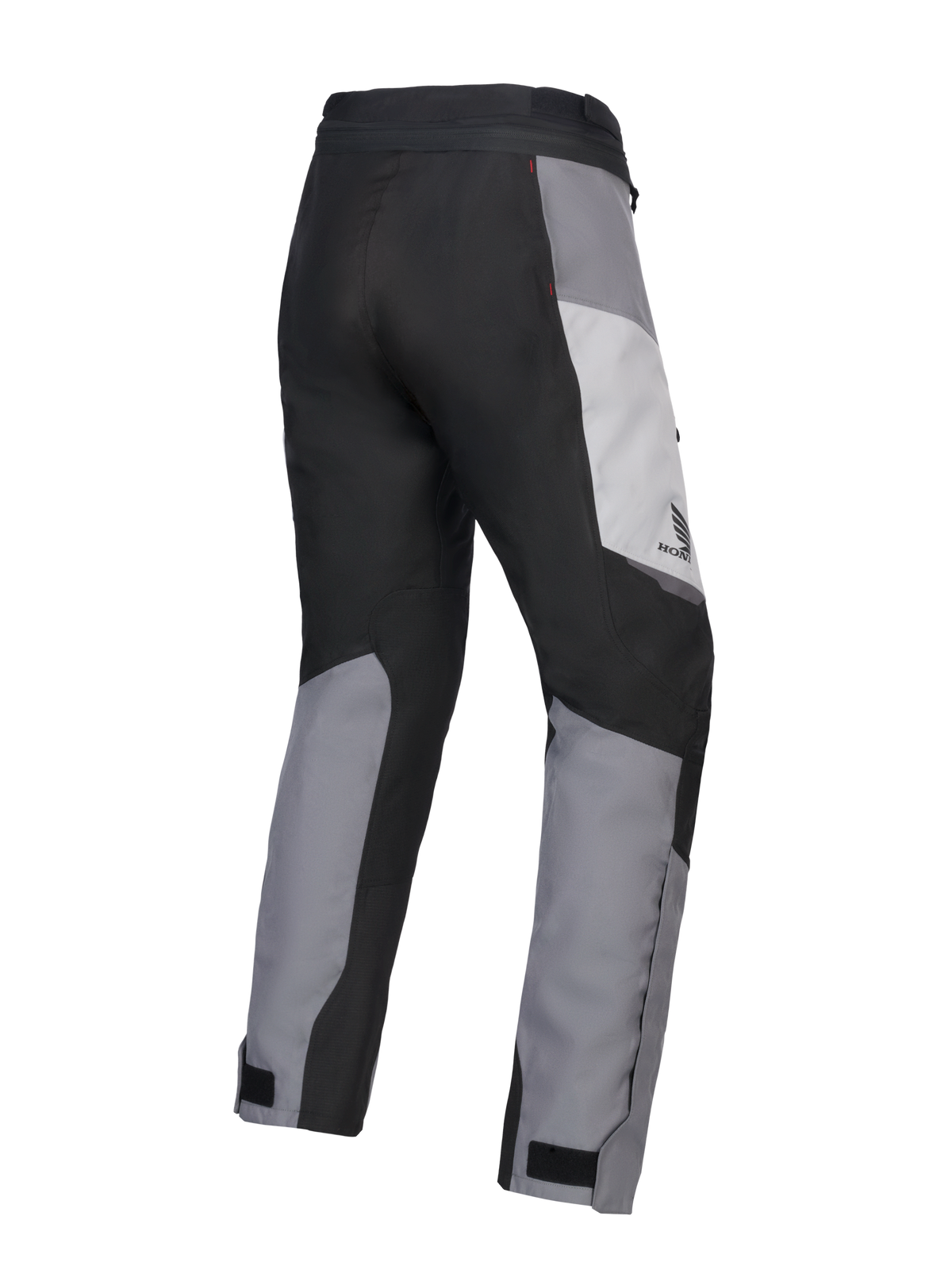 Alpinestars 2025 Honda Woman Stella ST-1 Waterproof Pants, Women's Motorcycle Touring Pants, Ice Gray Dark Gray and Black, rear three-quarter view showing durable textile construction, gray and black color-blocked panels, Honda branding on the hip, and adjustable ankle closures.