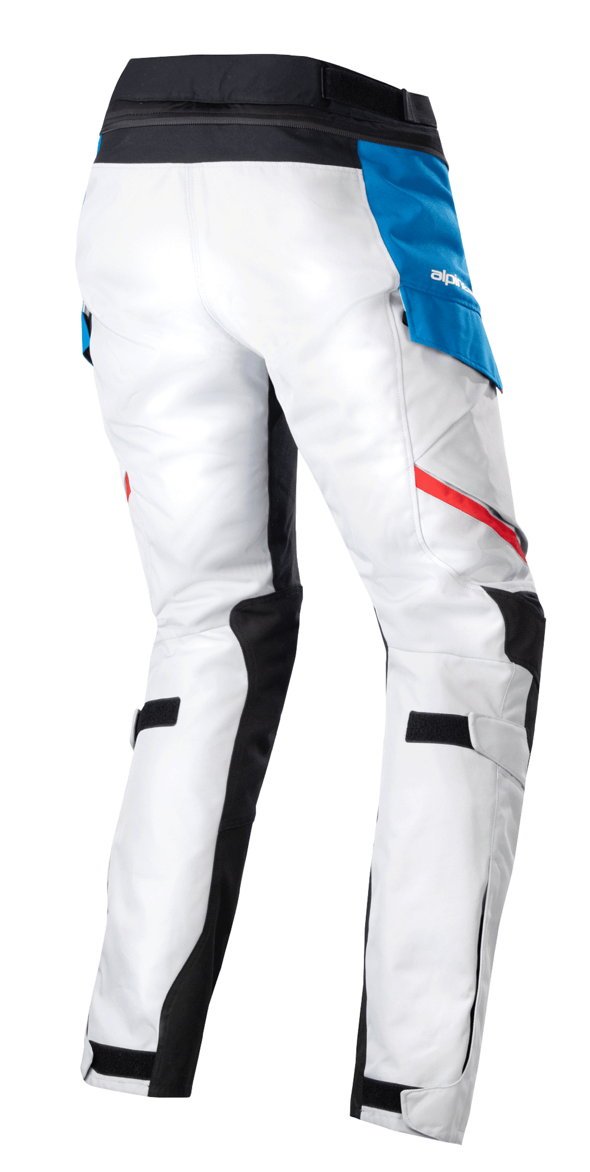 Alpinestars Women Stella Honda Andes V3 Drystar® Pants, Adventure Touring Motorcycle Pants, Ice Gray Blue Bright Red, rear view showing ice gray textile construction, blue side pocket with white logo, black waistband, and red accent stripes