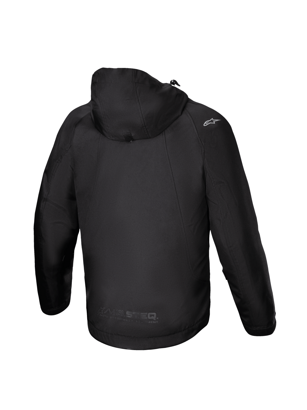 Alpinestars Morush Wasserdicht Parka, Urban-Motorradjacke für Herren, Schwarz, Textil, Rückansicht mit sturmfester Kapuze und Raglanärmeln, CE-zertifiziert.