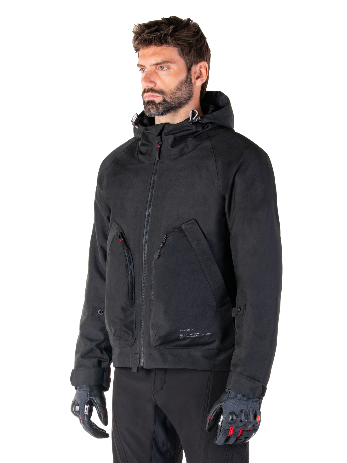Alpinestars Morush Wasserdicht Parka, urbane Herren-Motorradjacke, Schwarz, Textil, CE-zertifiziert, Tech-Air® Ready, mit Kapuze, getragen von einem Mann.
