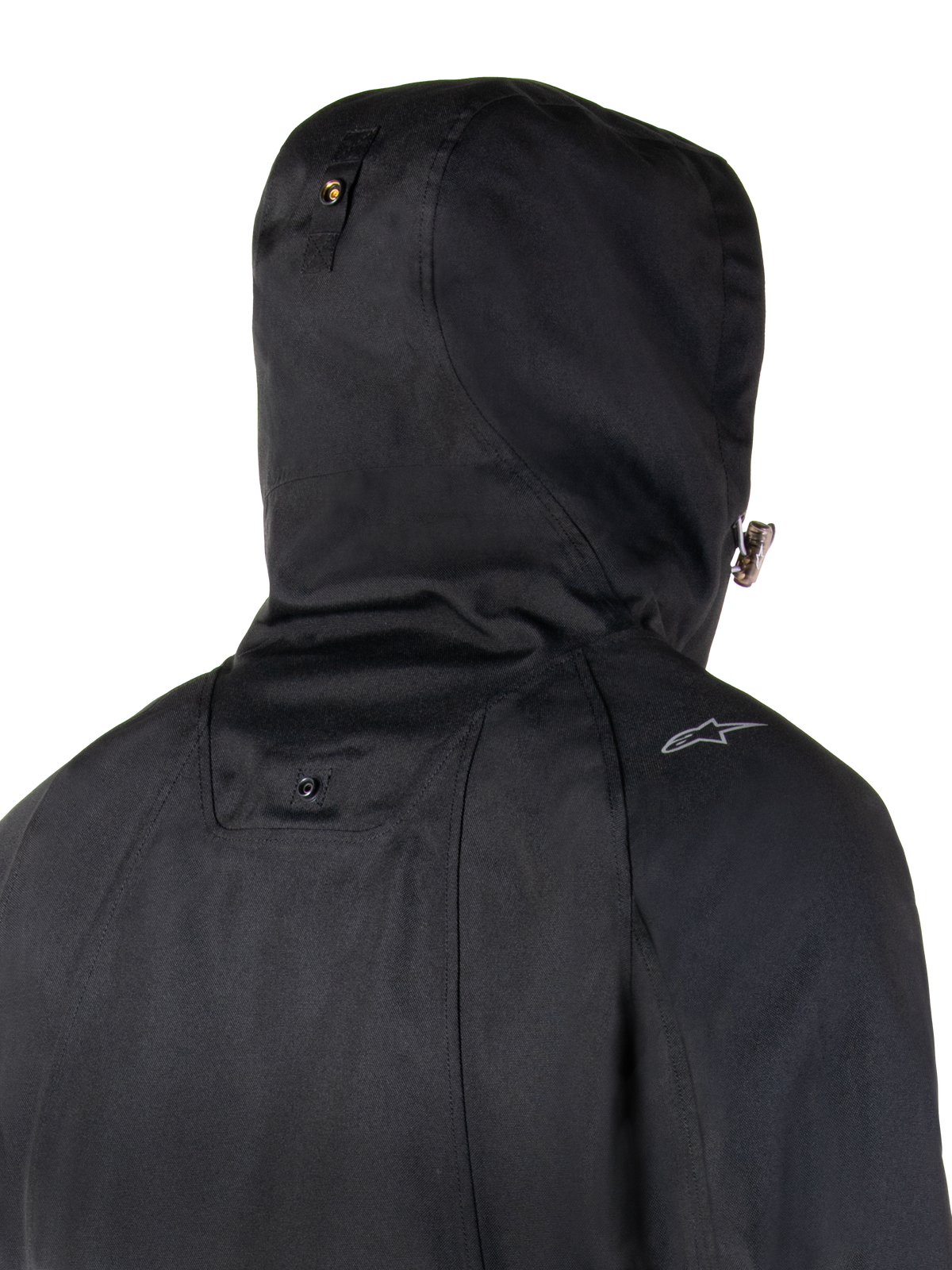 Alpinestars Morush Wasserdichter Parka, Urban-Motorradjacke, Schwarz, sturmsicheres Kapuzensystem mit Druckknopf-Verankerung.
