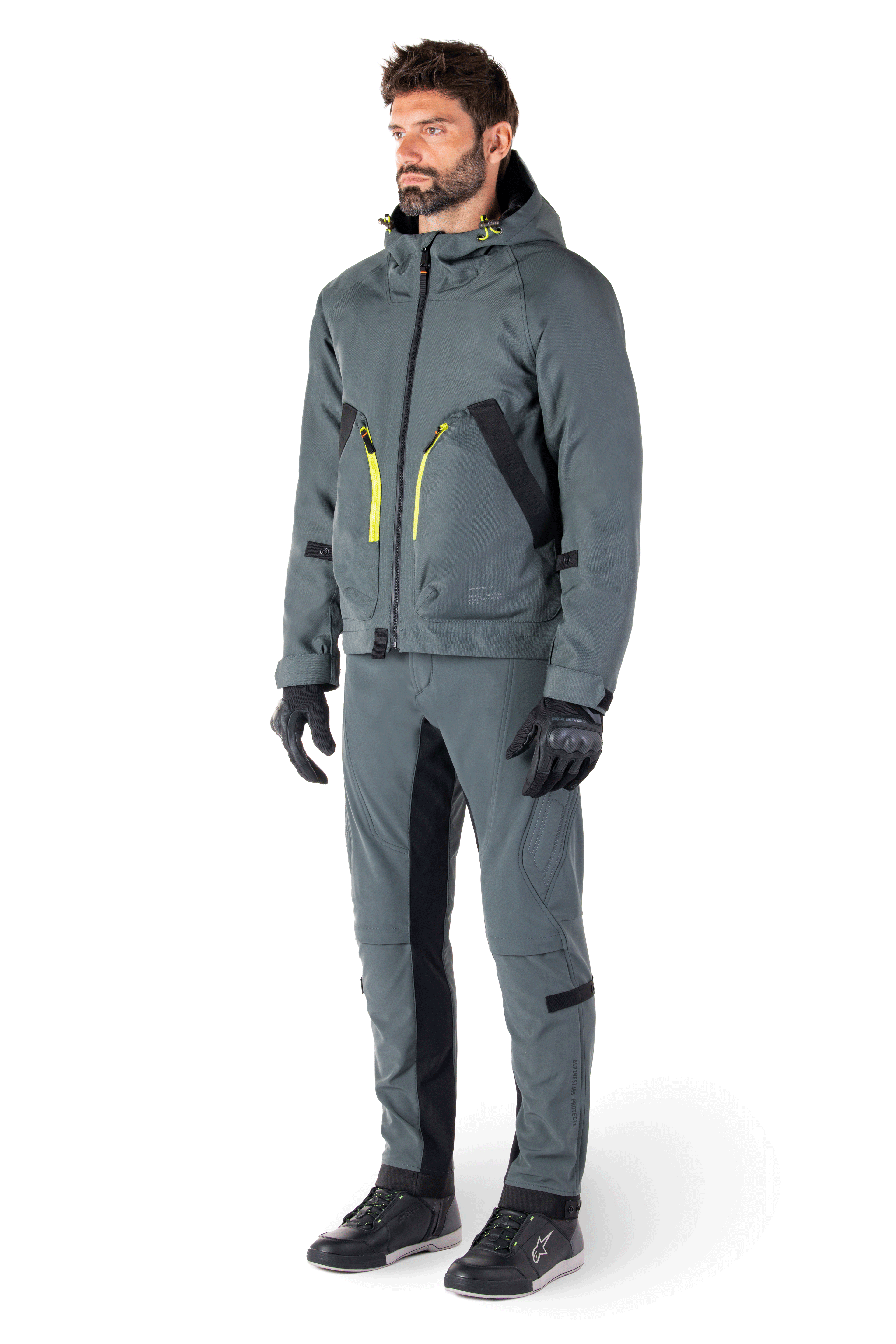 Alpinestars Morush Wasserdichter Parka in Urban Gray, Streetwear-inspirierte Motorradjacke mit sturmsicherer Kapuze, großen 3D-Fronttaschen und minimalistischem urbanem Design.