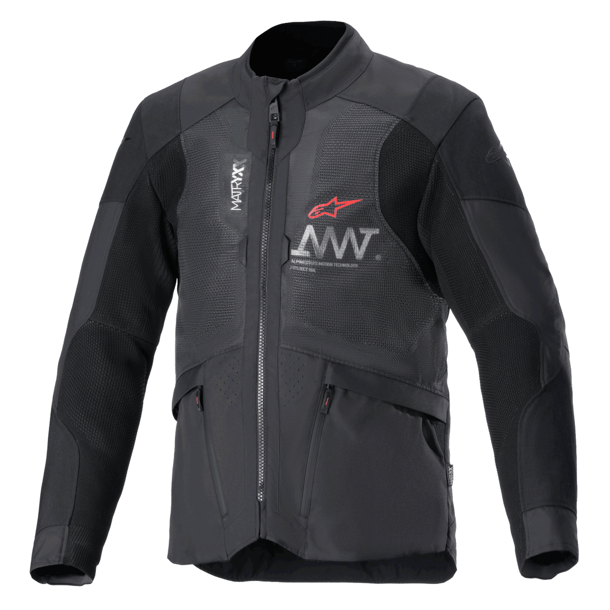 Alpinestars AMT-7 Air Jacke, Motorradjacke, Schwarz und Dark Shadow, MATRYX Mesh-Belüftungspaneele auf der Brust, rotes Stern-Logo mit silbernem AMT-Branding, vordere Cargo-Taschen mit Reißverschluss, Textil-Adventure- und Road-Touring-Design