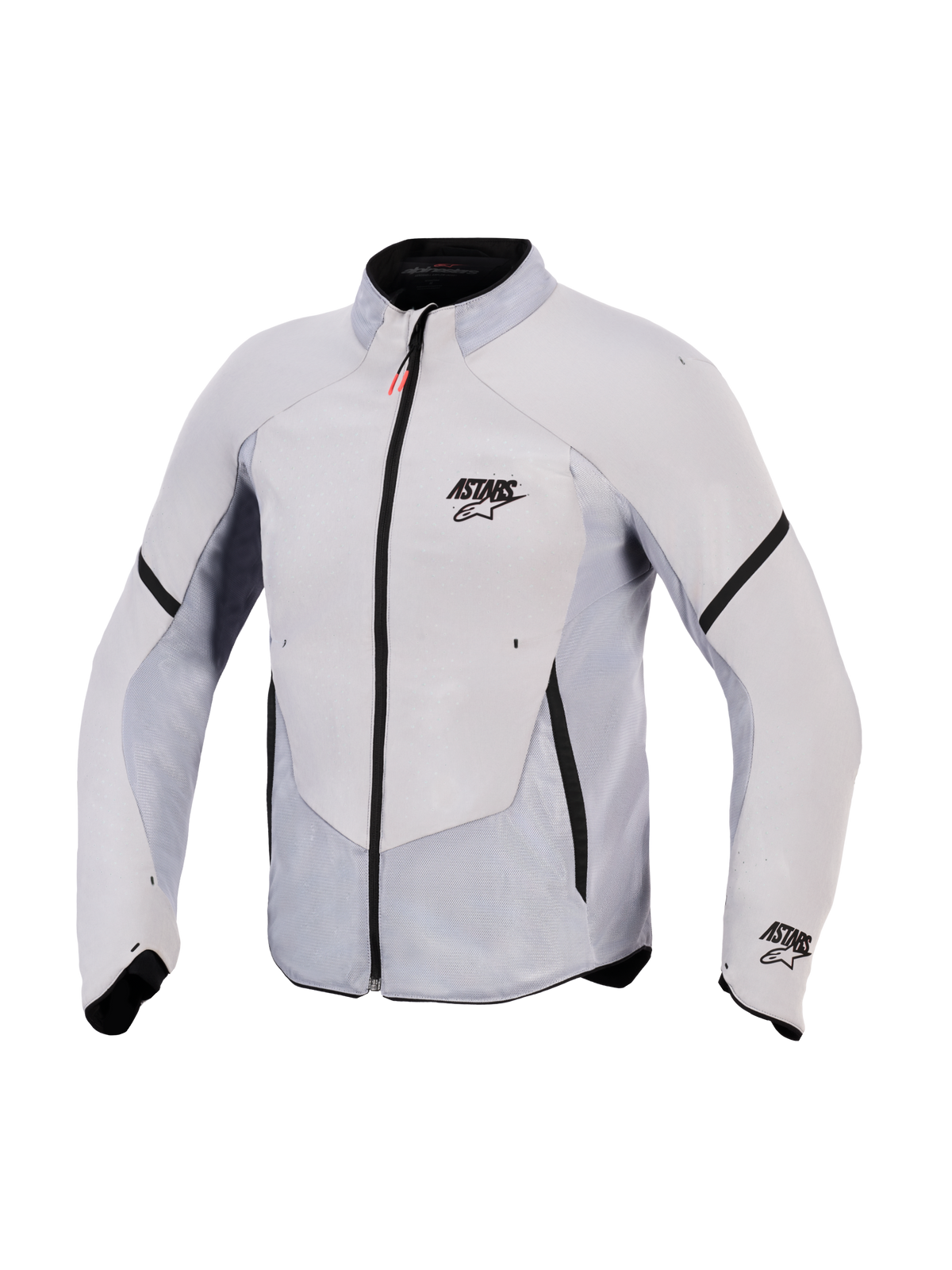 Alpinestars Aeroshell Airflow Jacke, Motorradjacke, Mittelgrau Anthrazit, verfügt über leichtes Stretch-Softshell mit umfangreichen laserperforierten Mesh-Einsätzen, schwarzer Frontreißverschluss mit roter Zuglasche, ASTARS-Branding auf Brust und Ärmel, sportliche Passform für maximale Atmungsaktivität.