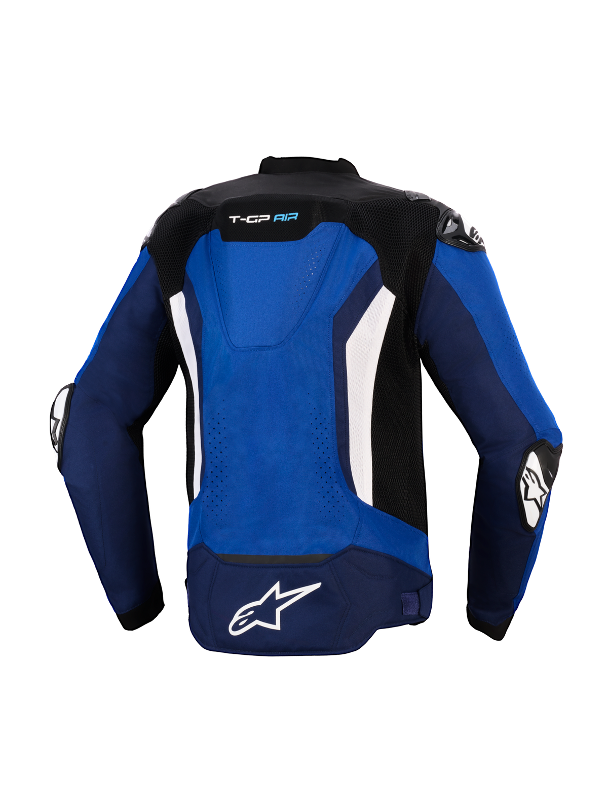 Alpinestars T-GP Air Jacke, Rückansicht, Hellblau, Navy und Weiß, Sport-Textilmotorradjacke mit integriertem aerodynamischem Höcker, Mesh-Belüftungseinsätzen, weißen vertikalen Akzenten und weißem Astars-Logo auf dem Rückenteil, konzipiert für High-Performance-Fahrten