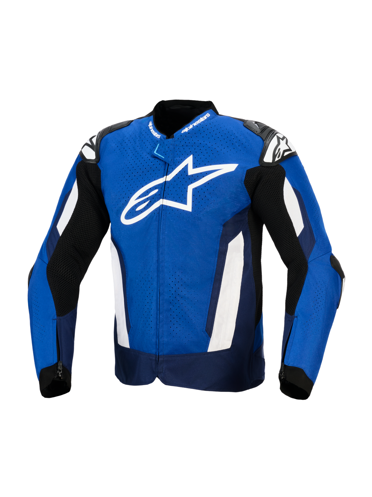 Alpinestars T-GP Air Jacke, Sport-Textil-Motorradjacke, Hellblau, Marineblau und Weiß, mit einem großen weißen Stern-Logo auf der Brust, laserperforiertem Textil für Belüftung und externen Schulterschleifern, rennsportinspirierte Performance-Ausrüstung