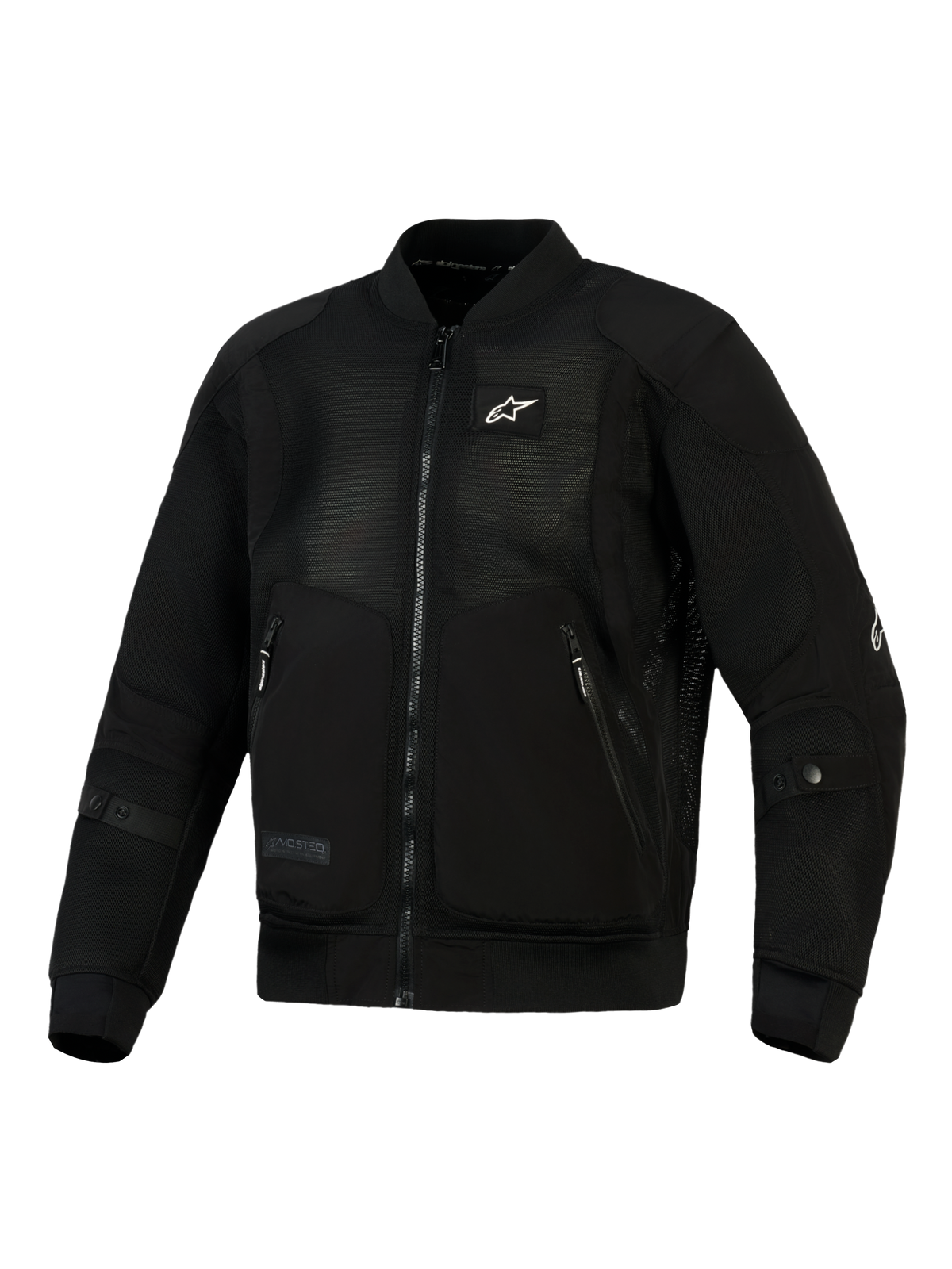 Alpinestars Flight Air Jacke in Schwarz, urbane Motorradjacke im Bomber-Stil, hochbelüftete 3D-Mesh-Paneele, robuste Polygewebe-Verstärkungen, kleines weißes Logo auf der Brust, gerippter Stretchkragen und -bündchen