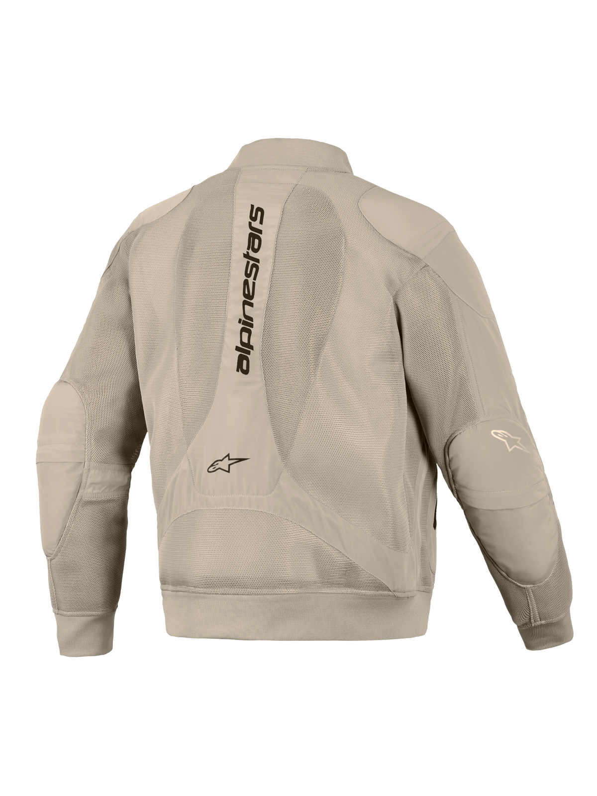 Alpinestars Flight Air Jacke in Aluminium, Rückansicht, großflächige 3D-Mesh-Paneele zur Belüftung, vertikaler Alpinestars-Schriftzug auf dem Rücken, gerippte Bündchen und Saum, moderne Bomberjacken-Silhouette für urbanes Motorradfahren.