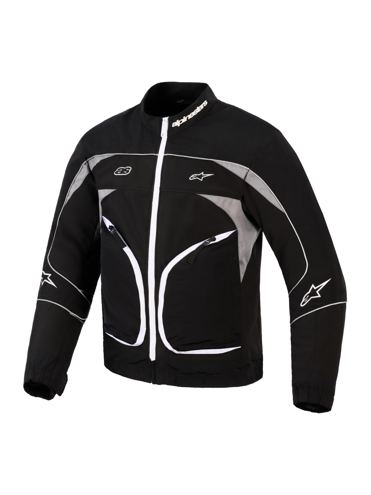 Alpinestars Unite Jacke, Motorradjacke, Schwarz und Dunkelgrau, mit weißem Frontreißverschluss, reflektierenden grauen Einsätzen und weißen Paspel-Details, Alpinestars-Branding an Kragen und Ärmeln, minimalistisches urbanes Design