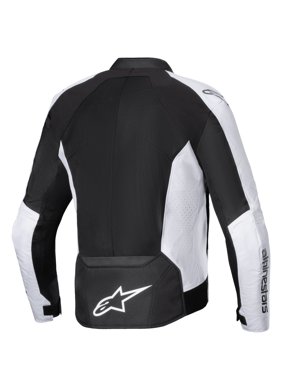 Alpinestars Viper Air V4 Jacke, Motorradjacke, Schwarz und Weiß, Rückansicht mit großen Tech-Mesh-Einsätzen für Luftzirkulation, weißen perforierten Seitenpanels, markantem weißem Astar-Logo auf dem unteren Rücken und Textilkonstruktion für Fahrten bei warmem Wetter.