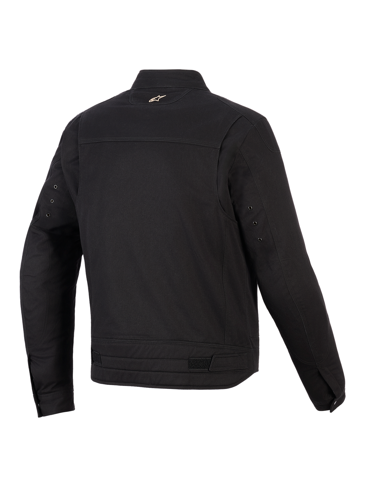 Alpinestars Bruiser Jacke, Urbane Motorradjacke, Schwarz, Rückansicht mit artikulierten Schulterpanels, Taillenverstellern und kleinem gesticktem Logo am Kragen, robustes, von Workwear inspiriertes Textildesign