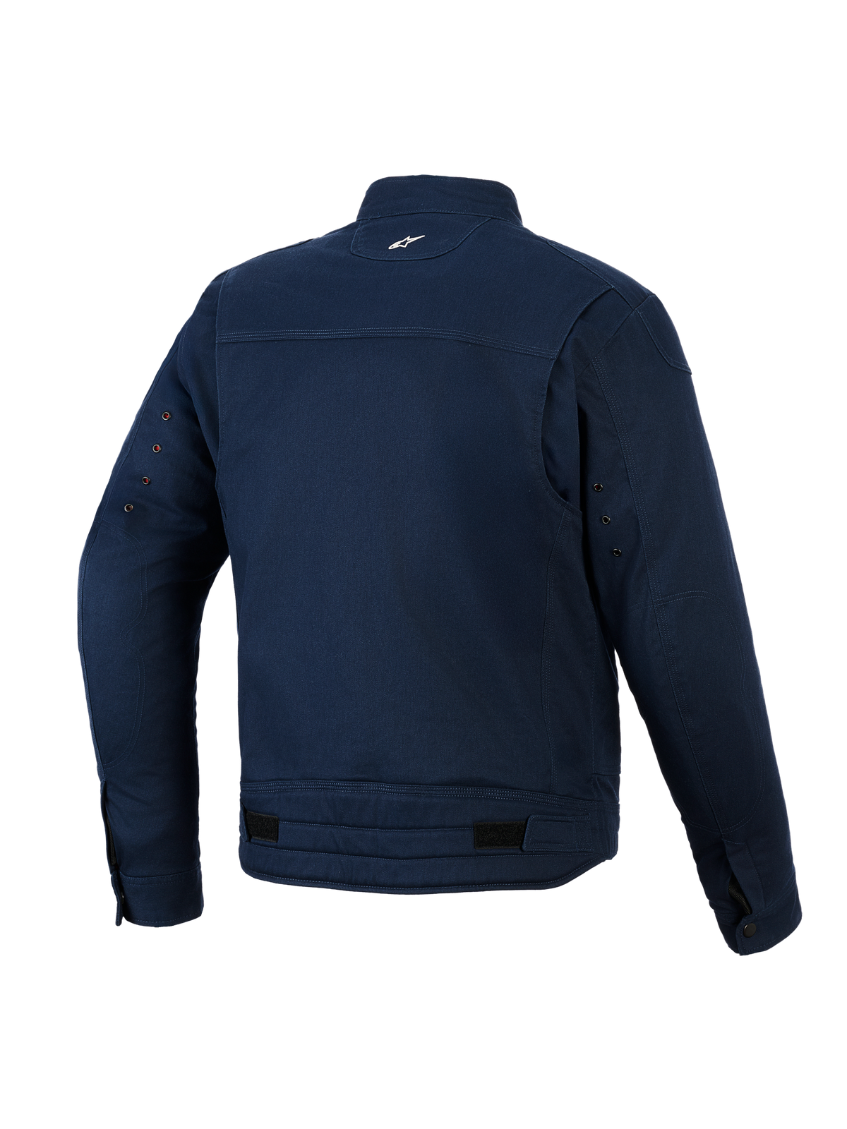 Alpinestars Bruiser Jacke, Urbane Motorradjacke, Dunkelblau, Rückansicht mit Stretch-Polycotton-Twill-Konstruktion, kleines weißes Logo am Nacken, Belüftungsösen an den Ärmeln und verstellbare Taillenriegel