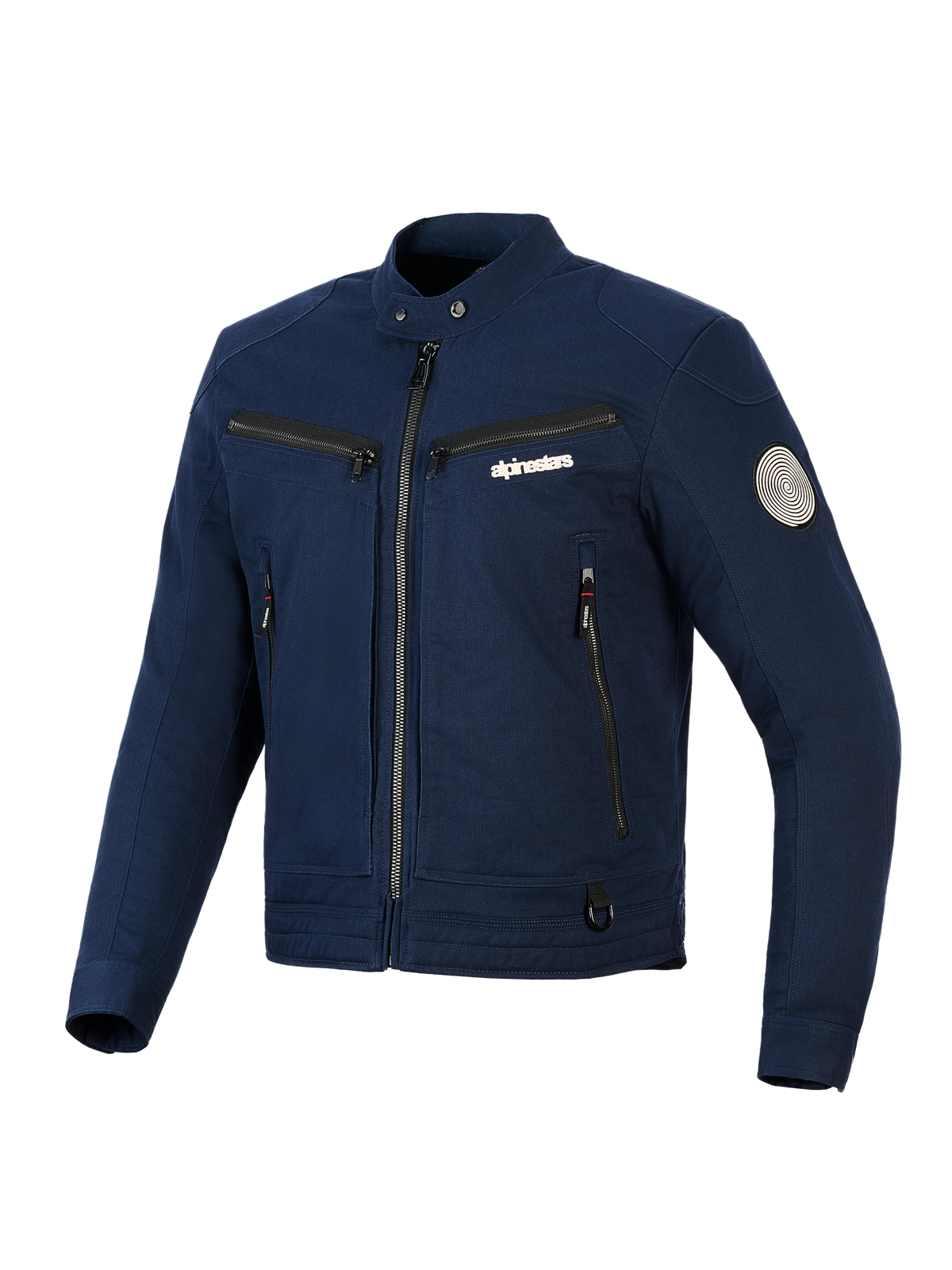 Alpinestars Bruiser Jacke, urbane Textil-Motorradjacke, Dunkelblau, Workwear-inspiriertes Design mit Reißverschluss vorne und Brusttaschen, Druckknopfkragen und Oscar-Spiral-Patch am Ärmel, moderne Streetwear-Ästhetik