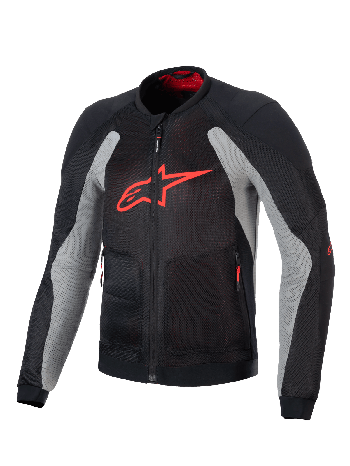 Alpinestars Troop-Air Jacket, Technical Motorcycle Air Jacket, Black and Ash Gray with Bright Red, featuring a large red A-star logo on the chest, mesh construction for airflow, and technical riding design.