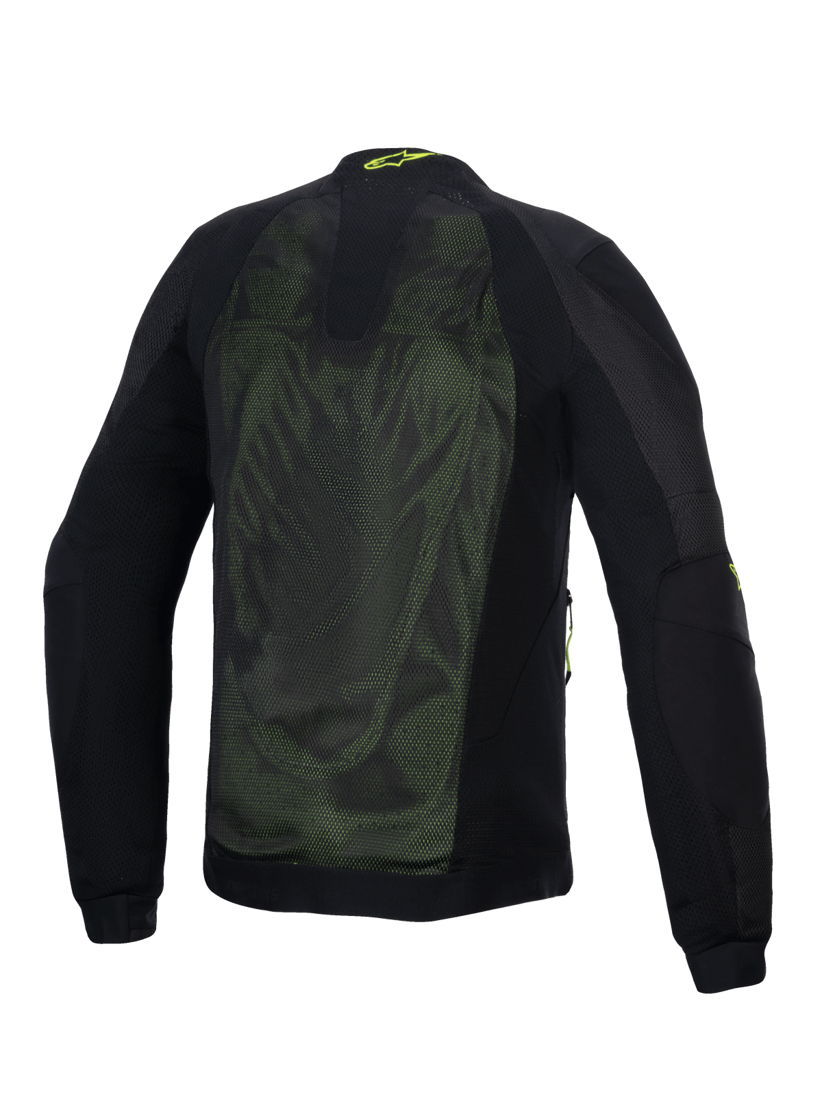 Alpinestars Troop-Air Jacket, technical motorcycle mesh jacket, Black and Yellow Fluo, rear view featuring large 2D tech mesh panels for airflow, yellow Alpinestars logo on the collar, and reinforced textile sleeves.
