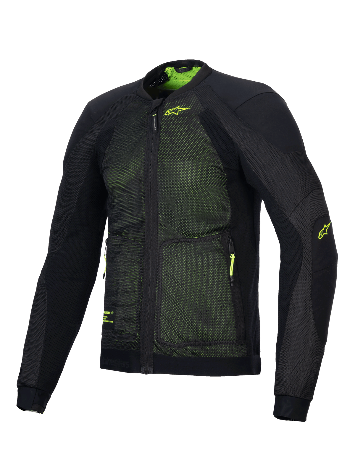 Alpinestars Troop-Air Jacket, advanced motorcycle air jacket, Black and Yellow Fluo, featuring 2D tech mesh construction for superior airflow, fluo yellow Alpinestars logo on the chest and sleeve, lightweight breathable design for summer road riding