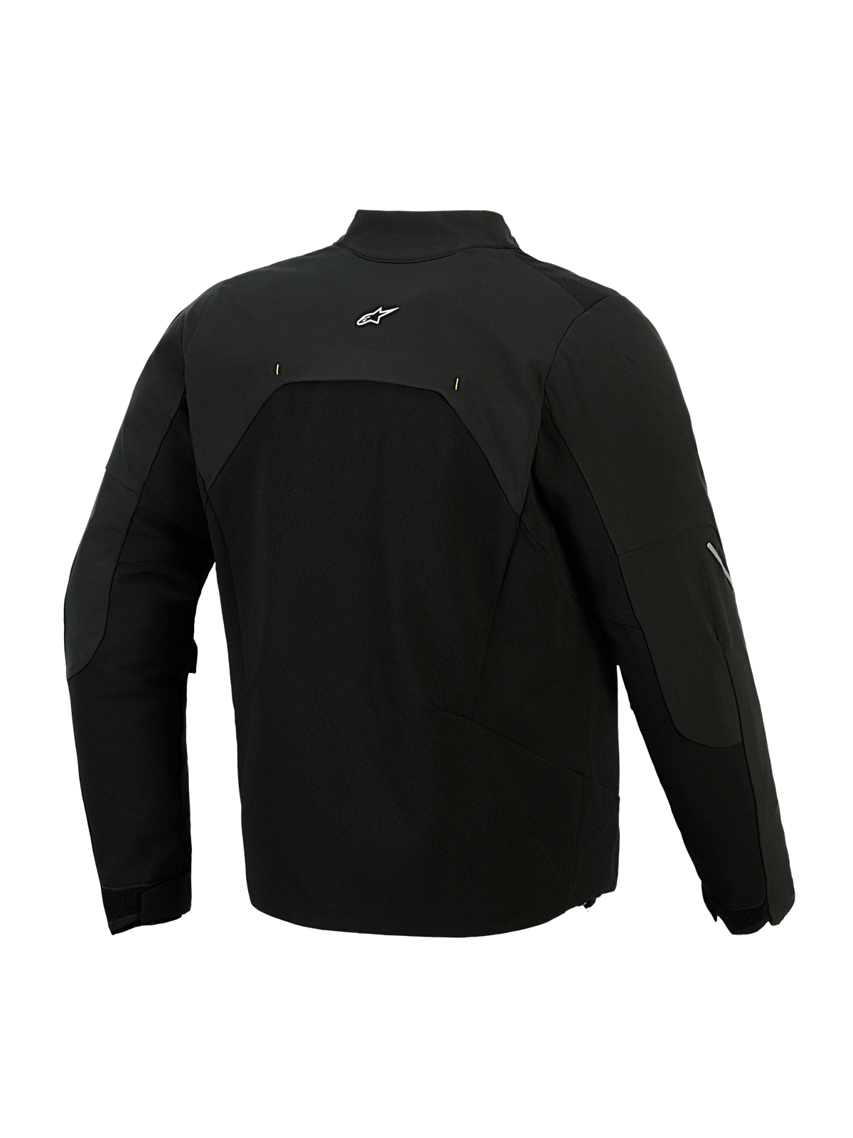 Alpinestars Provoke Jacke, Textil-Motorradjacke, Schwarz, Rückansicht mit Ripstop-Softshell-Einsätzen und kleinem weißen Logo auf dem oberen Rücken, technisches Urban-Design für das tägliche Pendeln mit dem Motorrad