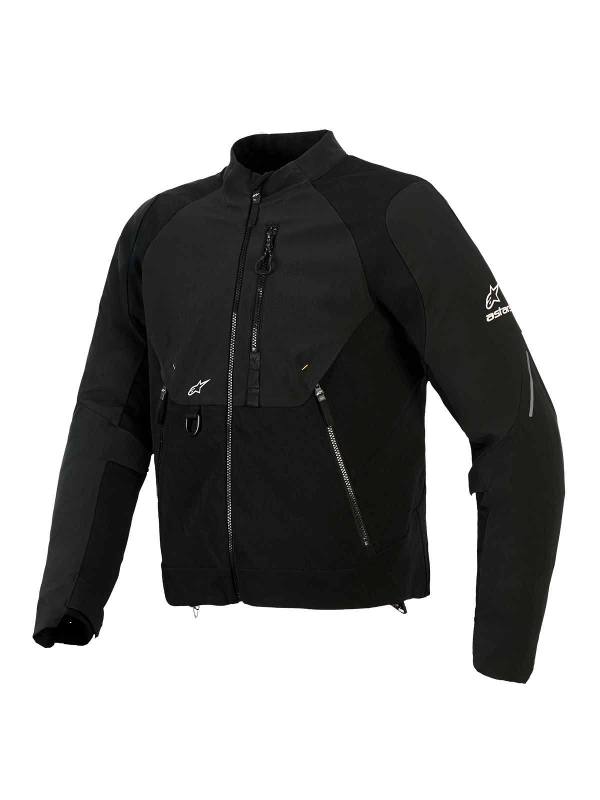 Alpinestars Provoke Jacke, Textil-Motorradjacke, Schwarz, mit Ripstop-Softshell-Einsätzen, laserperforiertem Brustbereich, Reißverschlusstaschen, weißem Alpinestars-Logo auf Ärmel und Brust, moderne urbane Fahrausrüstung
