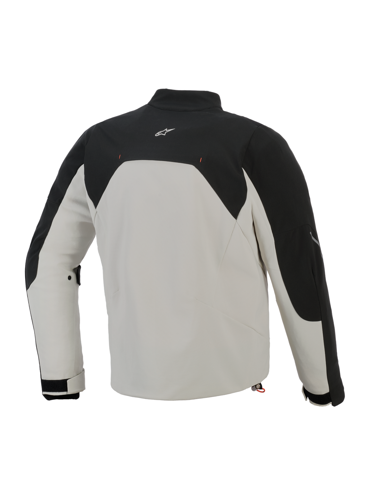 Alpinestars Provoke Jacke, Rückansicht, Black Metal Gray, urbane Textil-Motorradjacke mit schwarzen Einsätzen im oberen Bereich und einem metallgrauen Hauptteil, mit kleinem weißen Logo am oberen Rücken und Ripstop-Softshell-Konstruktion