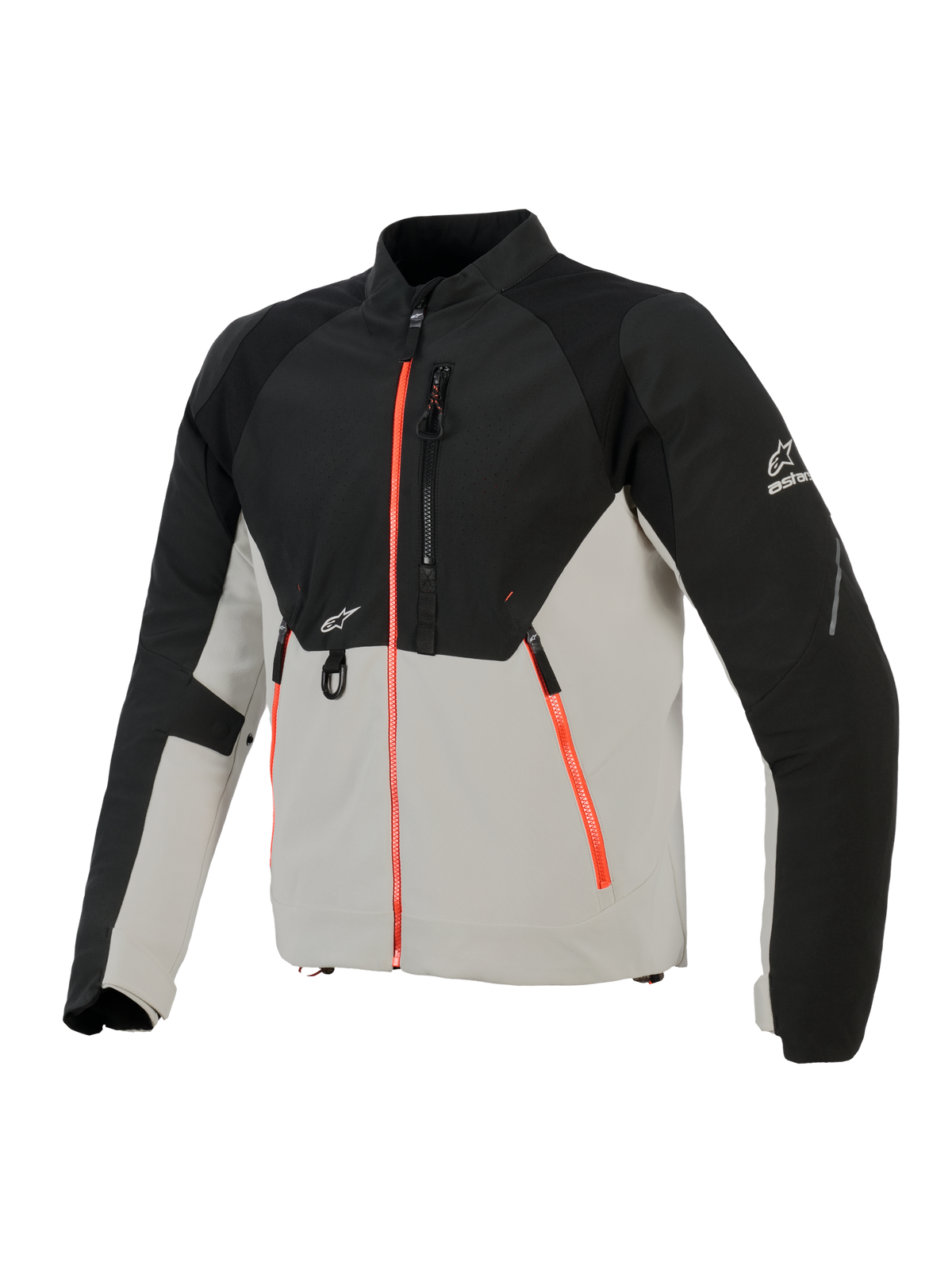 Alpinestars Provoke Jacke, urbane Motorradjacke, Schwarz und Metallgrau mit fluoreszierenden roten Reißverschluss-Akzenten, mit laserperforierten Brustpaneelen, Ripstop-Softshell-Verstärkungen und D-Ring-Befestigung vorne, straßentaugliches Design für Fahrten bei warmem Wetter