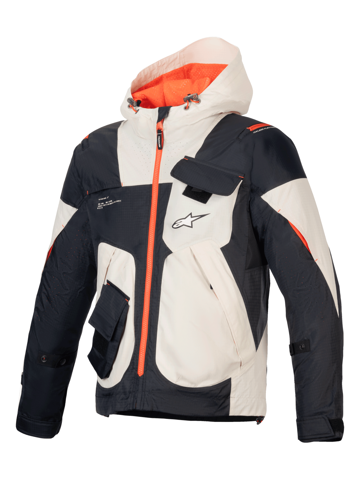Alpinestars Mogress Air Jacket, men's urban motorcycle jacket in black, almond, and hot orange with ventilated ripstop.